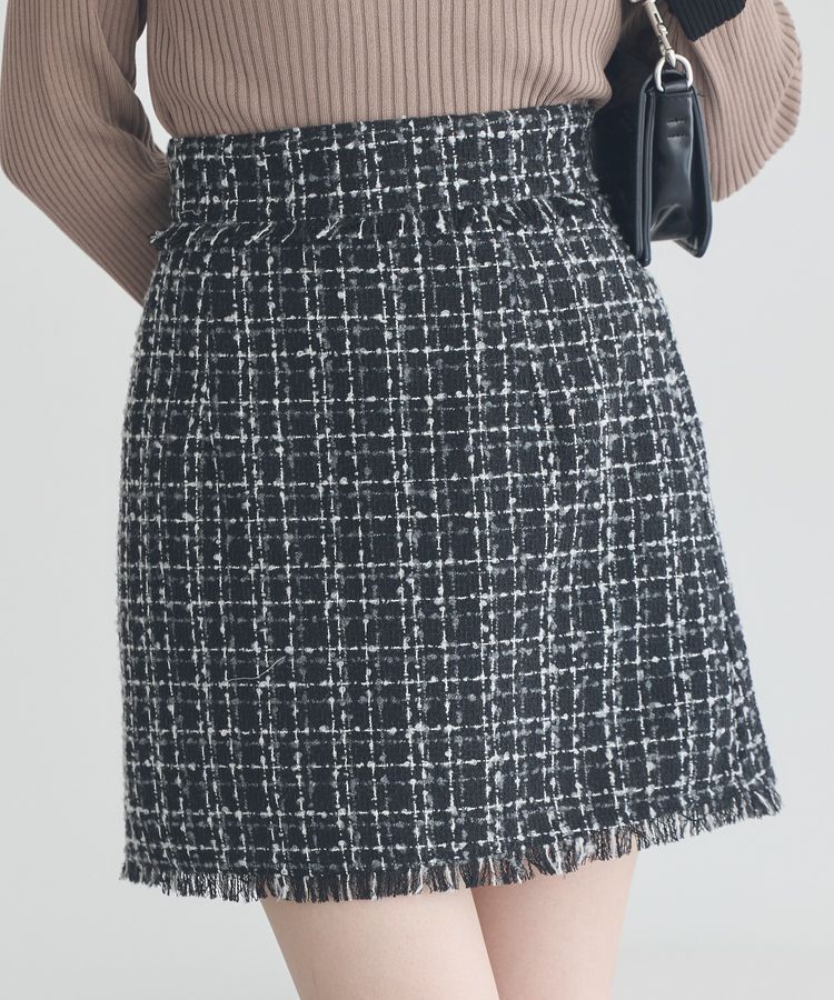 earth music&ecology「フリンジツイードミニスカート」|タイト|Black