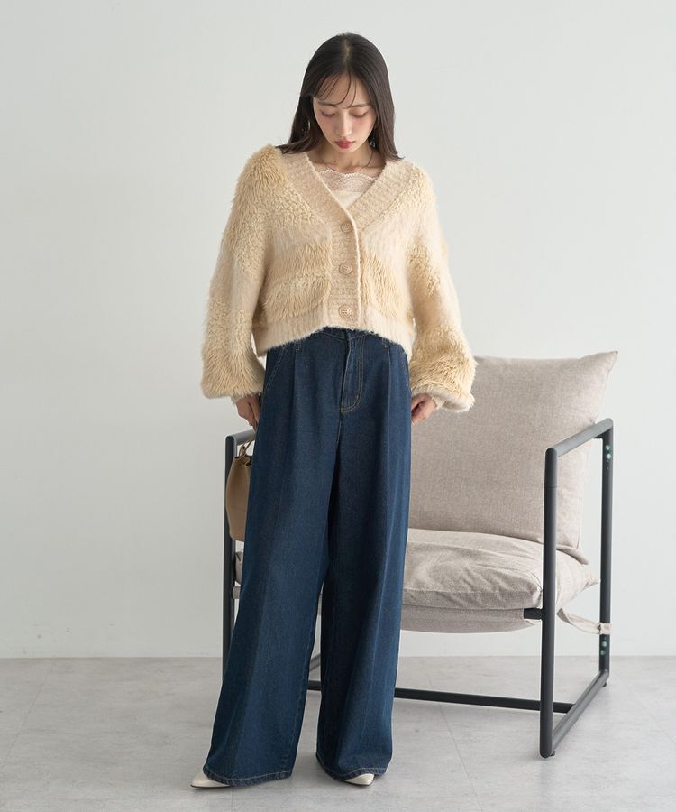 earth music&ecology「ポンポンヤーンミックスインターシャカーディガン」|カーディガン|