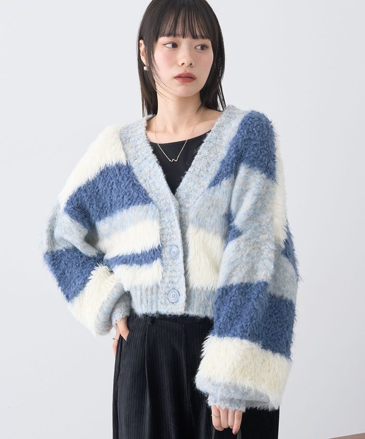 earth music&ecology「ポンポンヤーンミックスインターシャカーディガン」|カーディガン|Blue