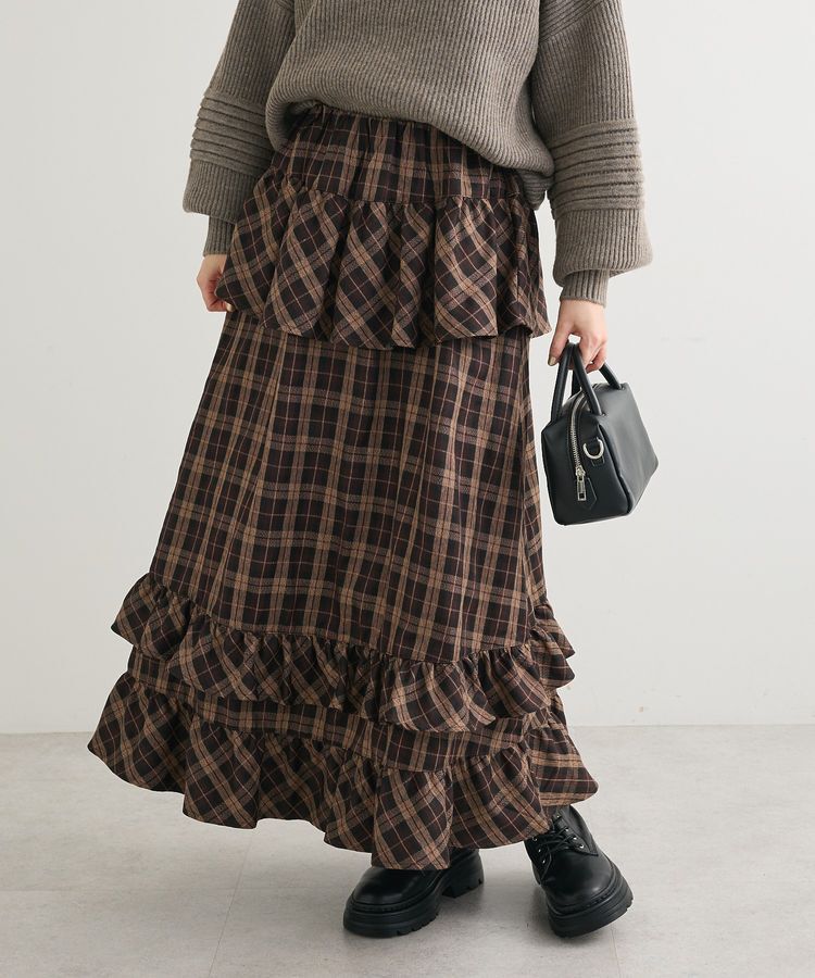 Green Parks「■ESCAR チェックペプラムフレアスカート」|フレア|Brown