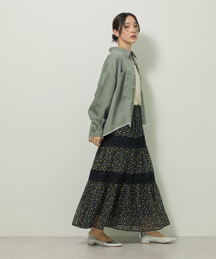 Green Parks「レースドッキング花柄ティアードスカート」|フレア|