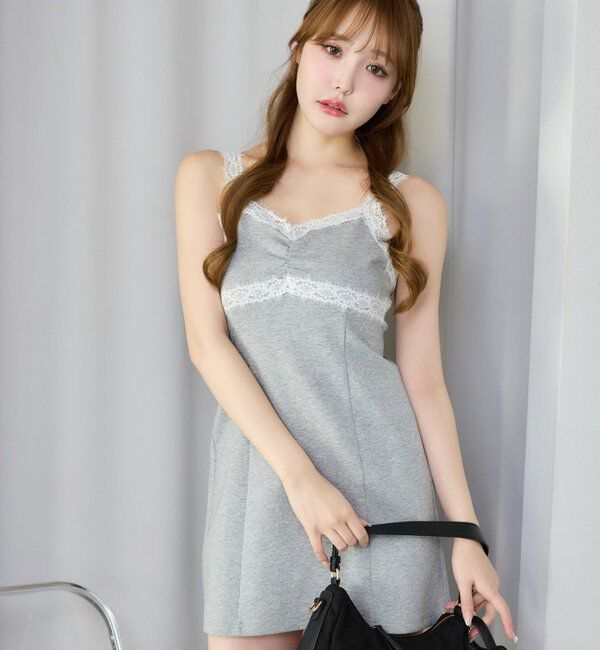  「【セットアップ可能】レース付きカットキャミワンピース」|ワンピース|グレー
