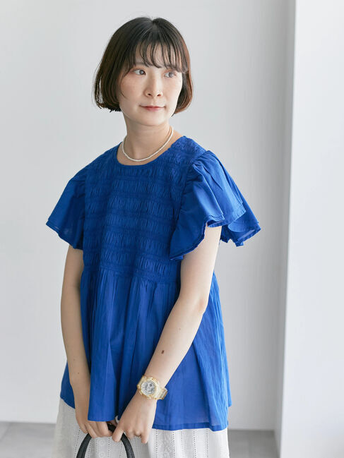 Samansa Mos2 blue「【Made in India】シャーリングブラウス」|シャツ・ブラウス|