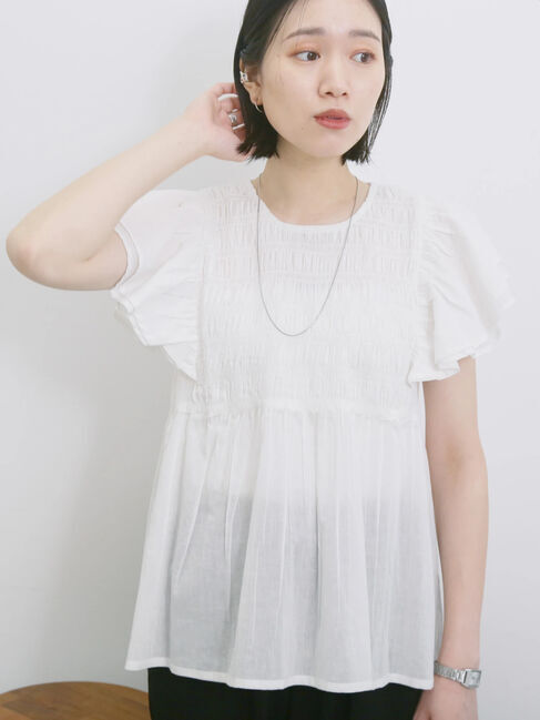 Samansa Mos2 blue「【Made in India】シャーリングブラウス」|シャツ・ブラウス|