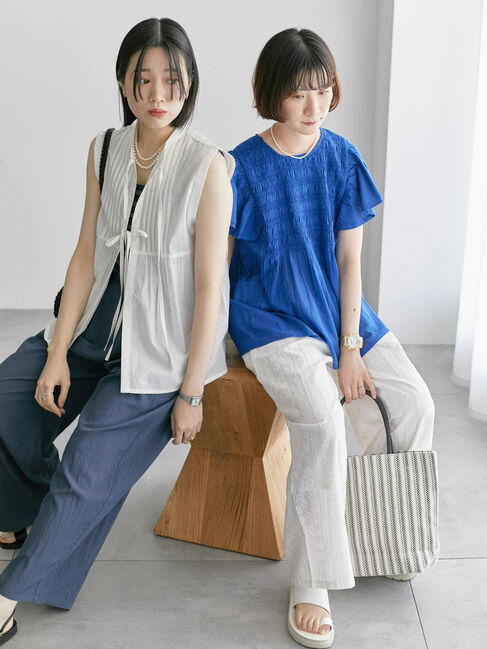 Samansa Mos2 blue「【Made in India】シャーリングブラウス」|シャツ・ブラウス|