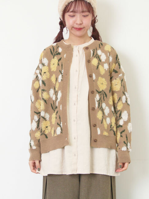 Samansa Mos2「ループ花柄ジャガードニットカーディガン」|カーディガン|
