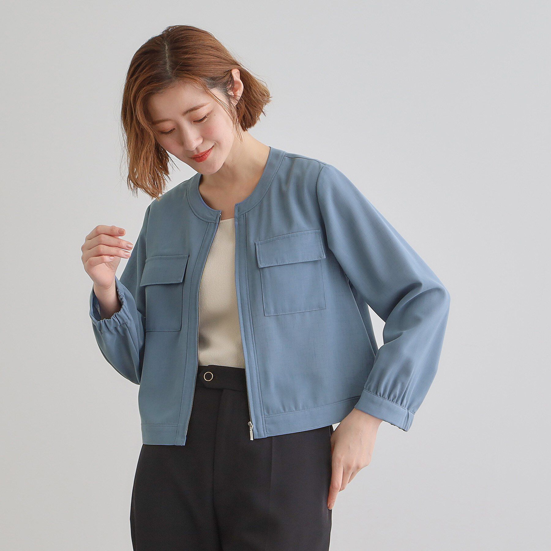 grove「麻調ノーカラーシアーブルゾン」|ブルゾン・スタジャン|