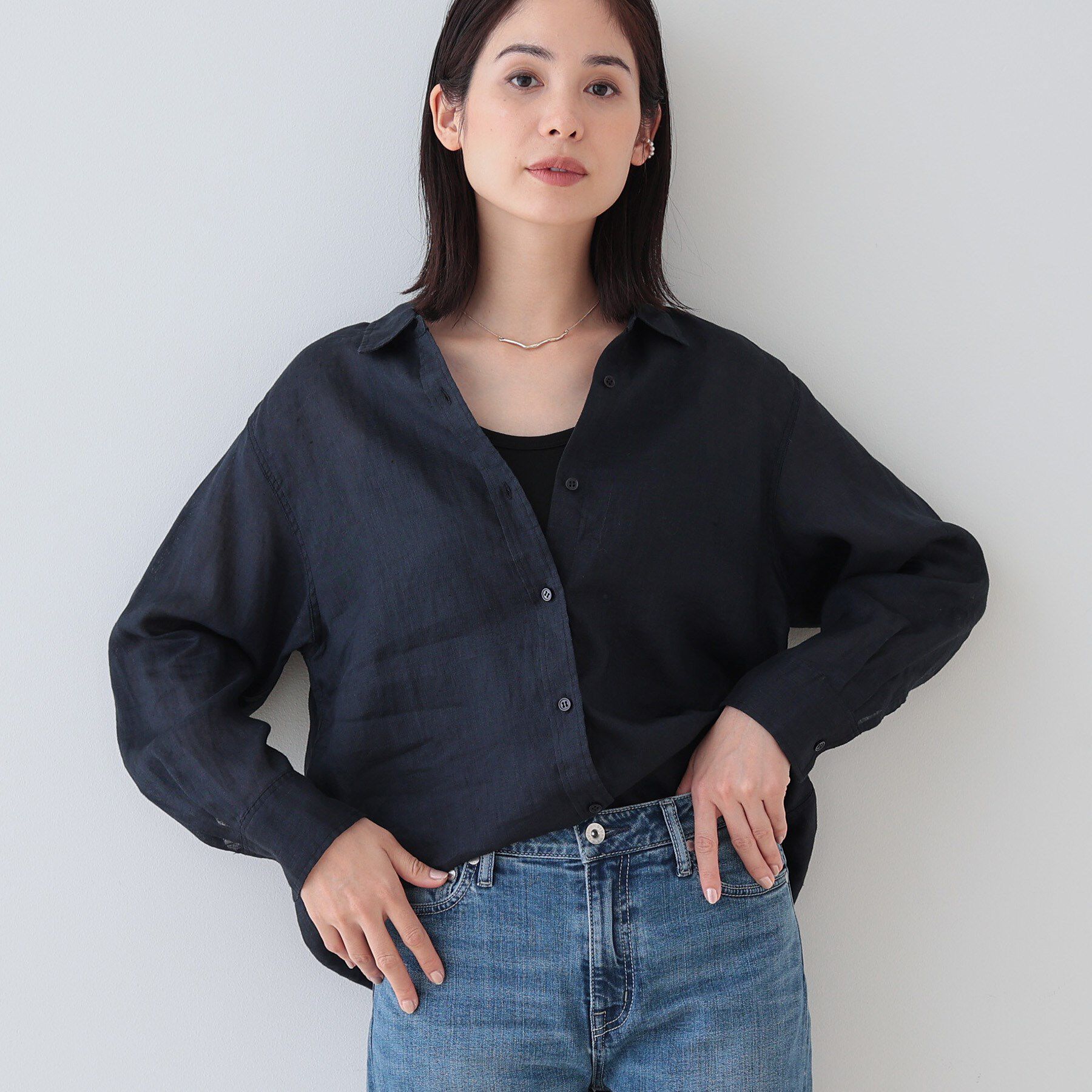INDIVI「【毎年人気！／フレンチリネン】ベーシックシャツ」|シャツ・ブラウス|ネイビー(094)