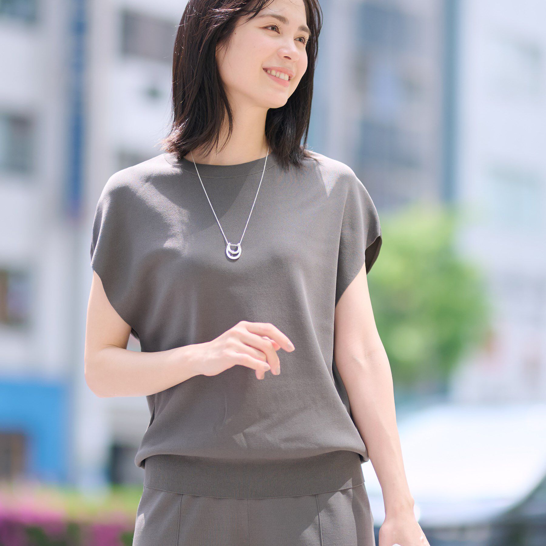 INDIVI「【洗える／SETUP可能】フレンチスリーブ イージーニット」|ニット・セーター|トープ(054)