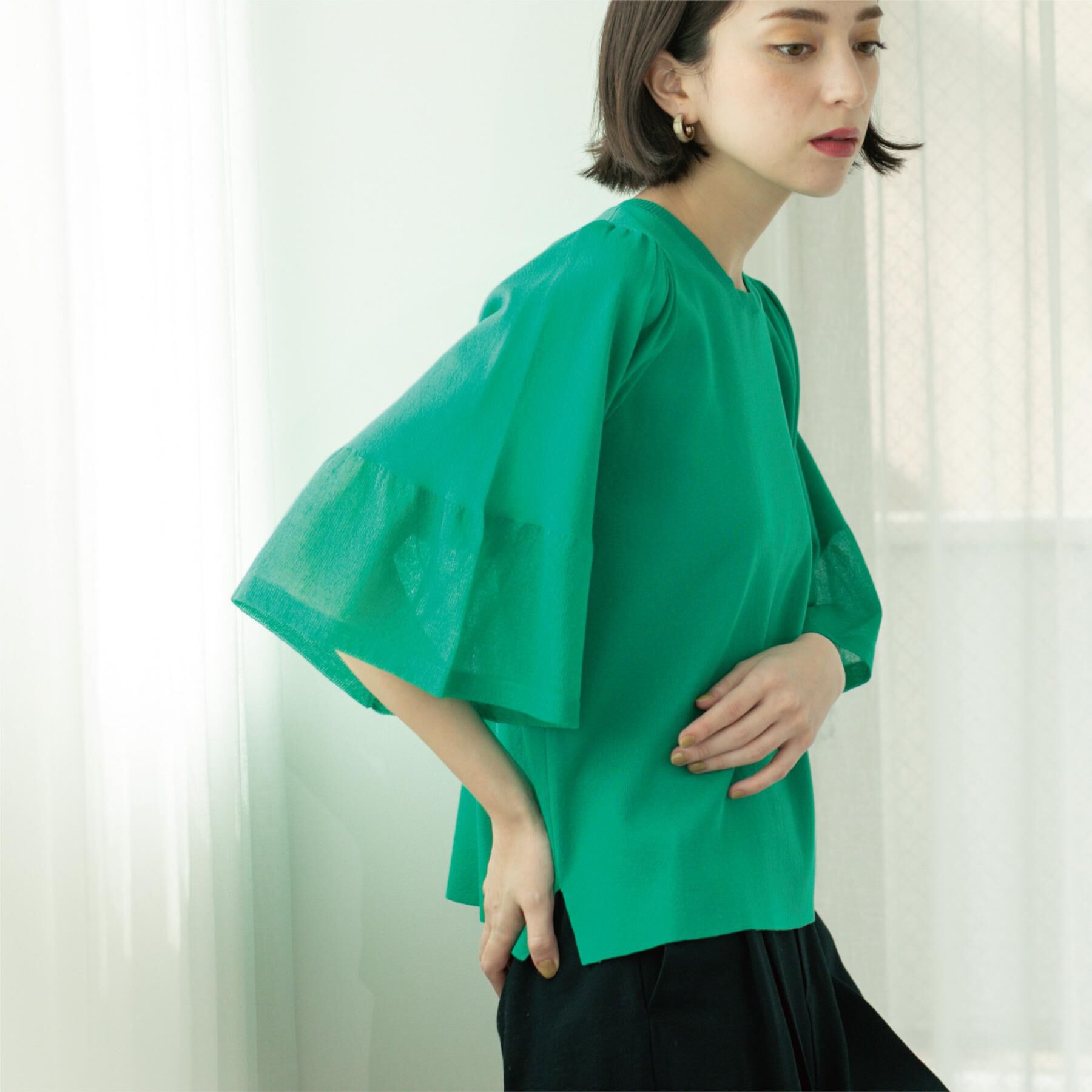 OPAQUE.CLIP「《5色展開》シアーフレアスリーブニット【洗濯機洗い可】」|ニット・セーター|