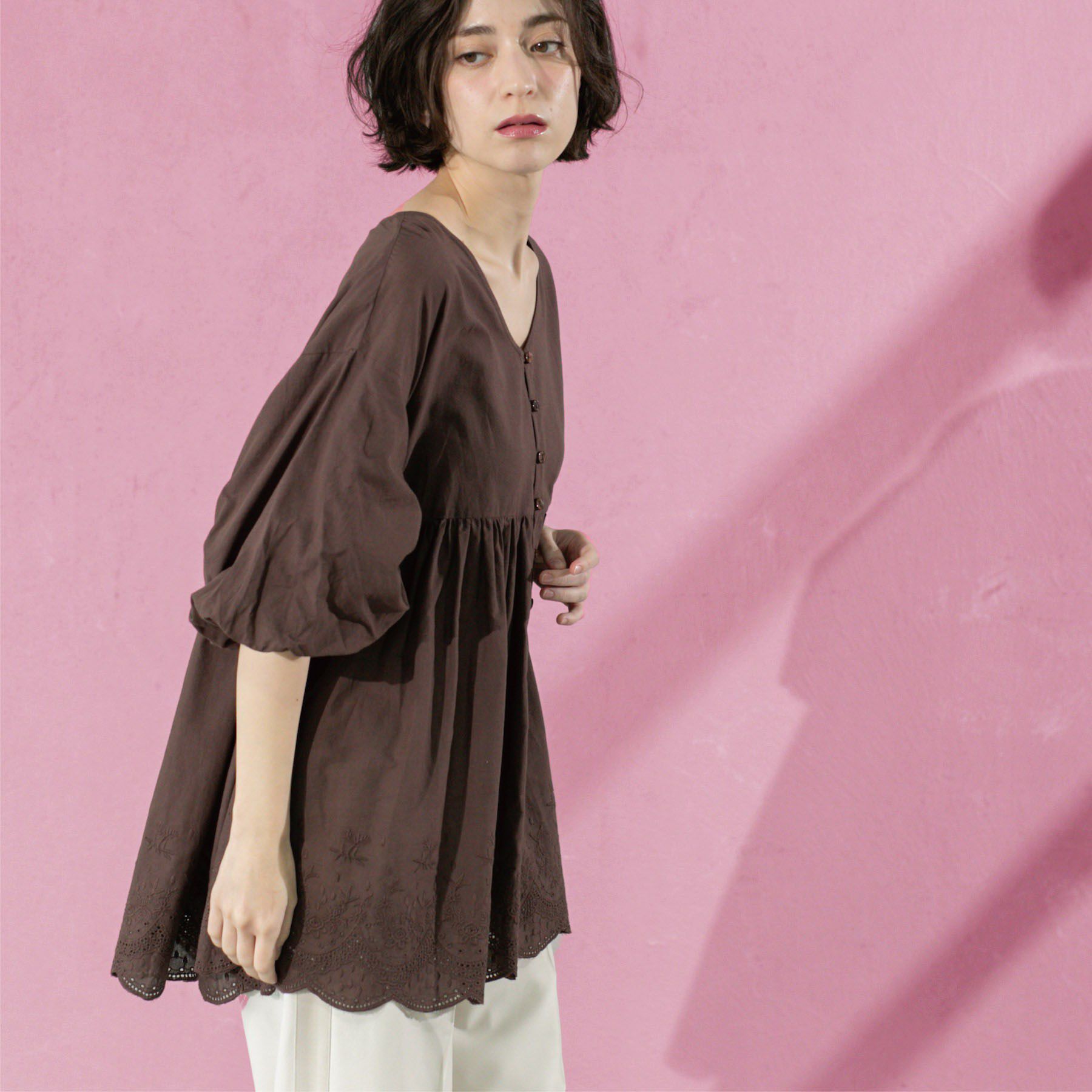 OPAQUE.CLIP「バルーン袖スカラップ刺繍レースチュニック」|シャツ・ブラウス|