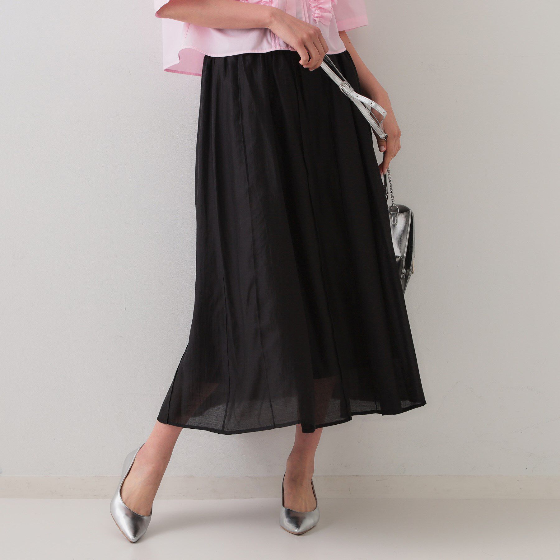 OPAQUE.CLIP「シアーピンタックフレアスカート【洗濯機洗い可】」|スカート|ブラック(019)