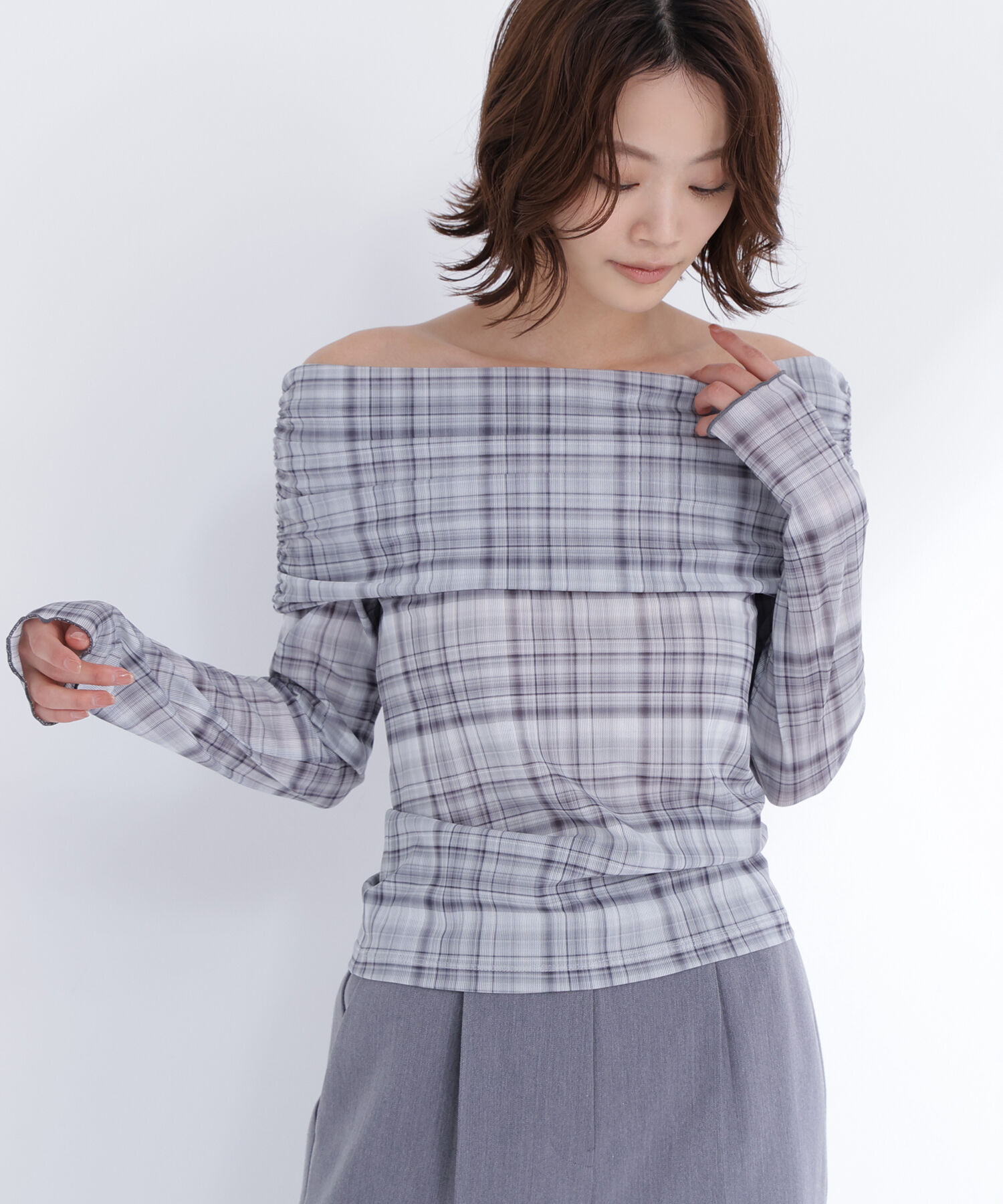  「シアーチェックオフショルトップス」|Tシャツ・カットソー|グレー系2