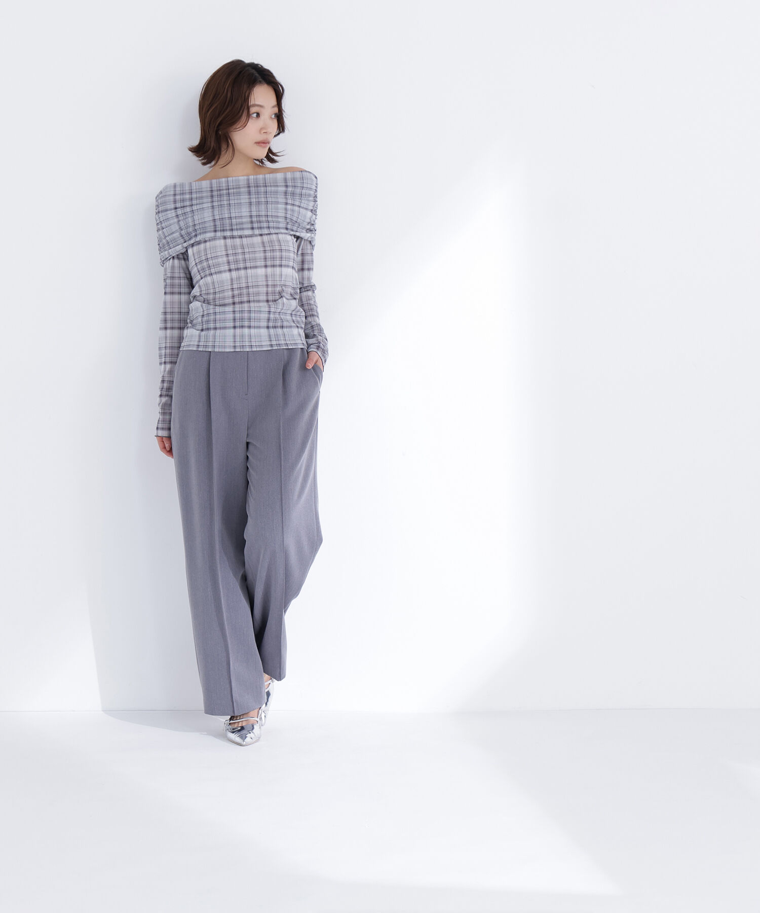  「シアーチェックオフショルトップス」|Tシャツ・カットソー|