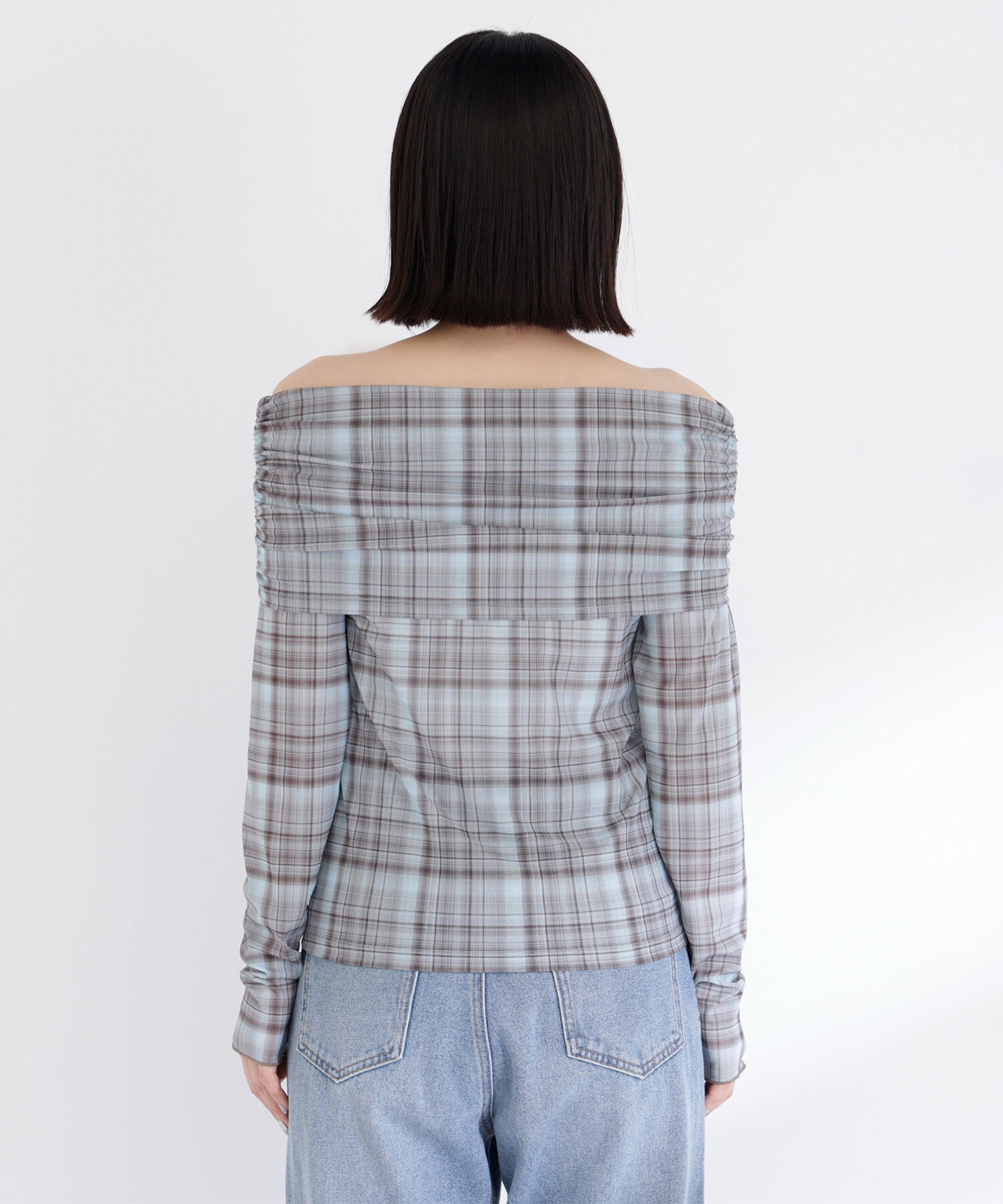  「シアーチェックオフショルトップス」|Tシャツ・カットソー|