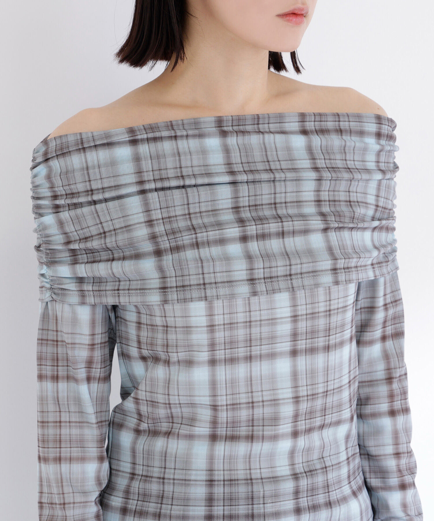  「シアーチェックオフショルトップス」|Tシャツ・カットソー|