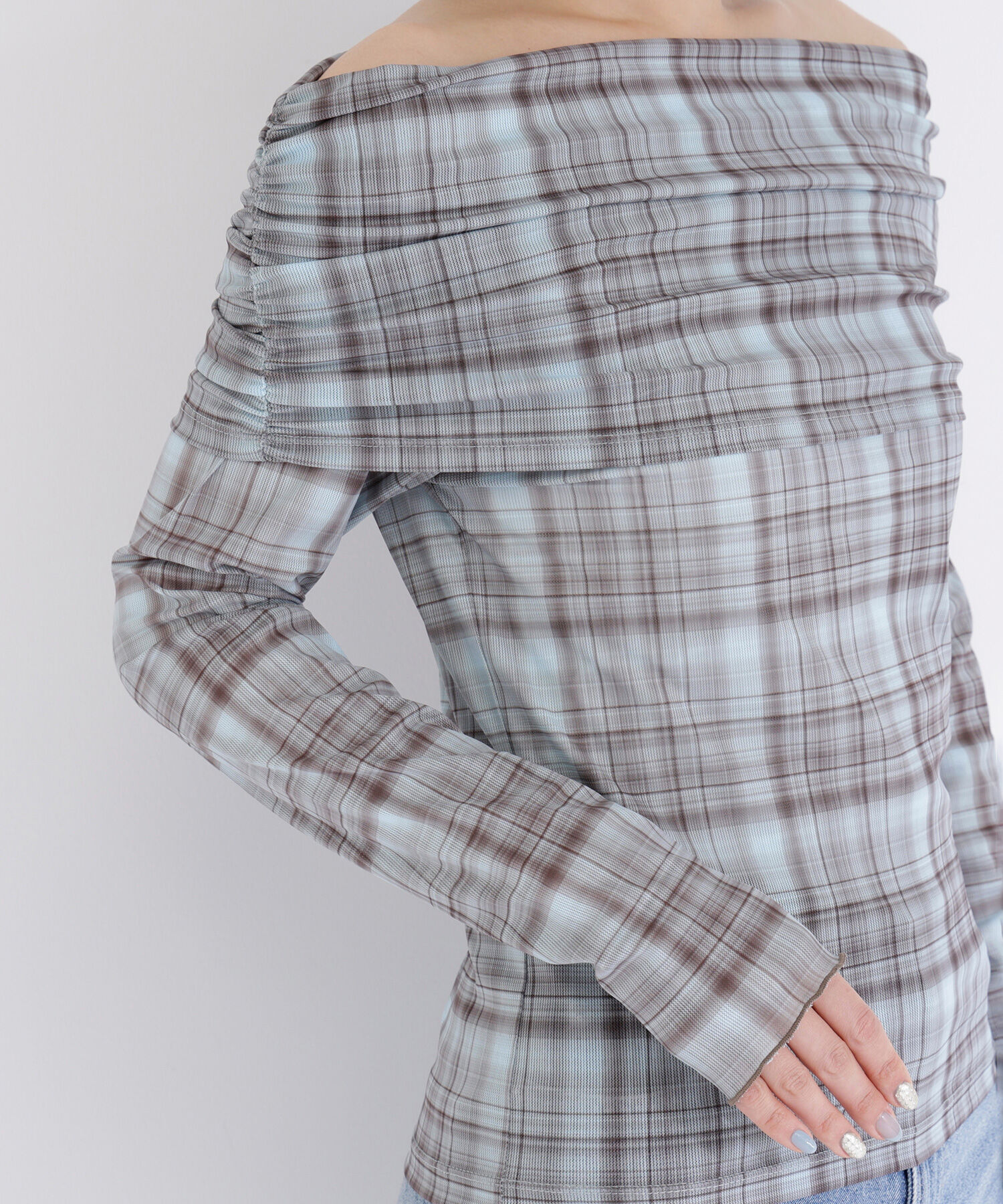  「シアーチェックオフショルトップス」|Tシャツ・カットソー|