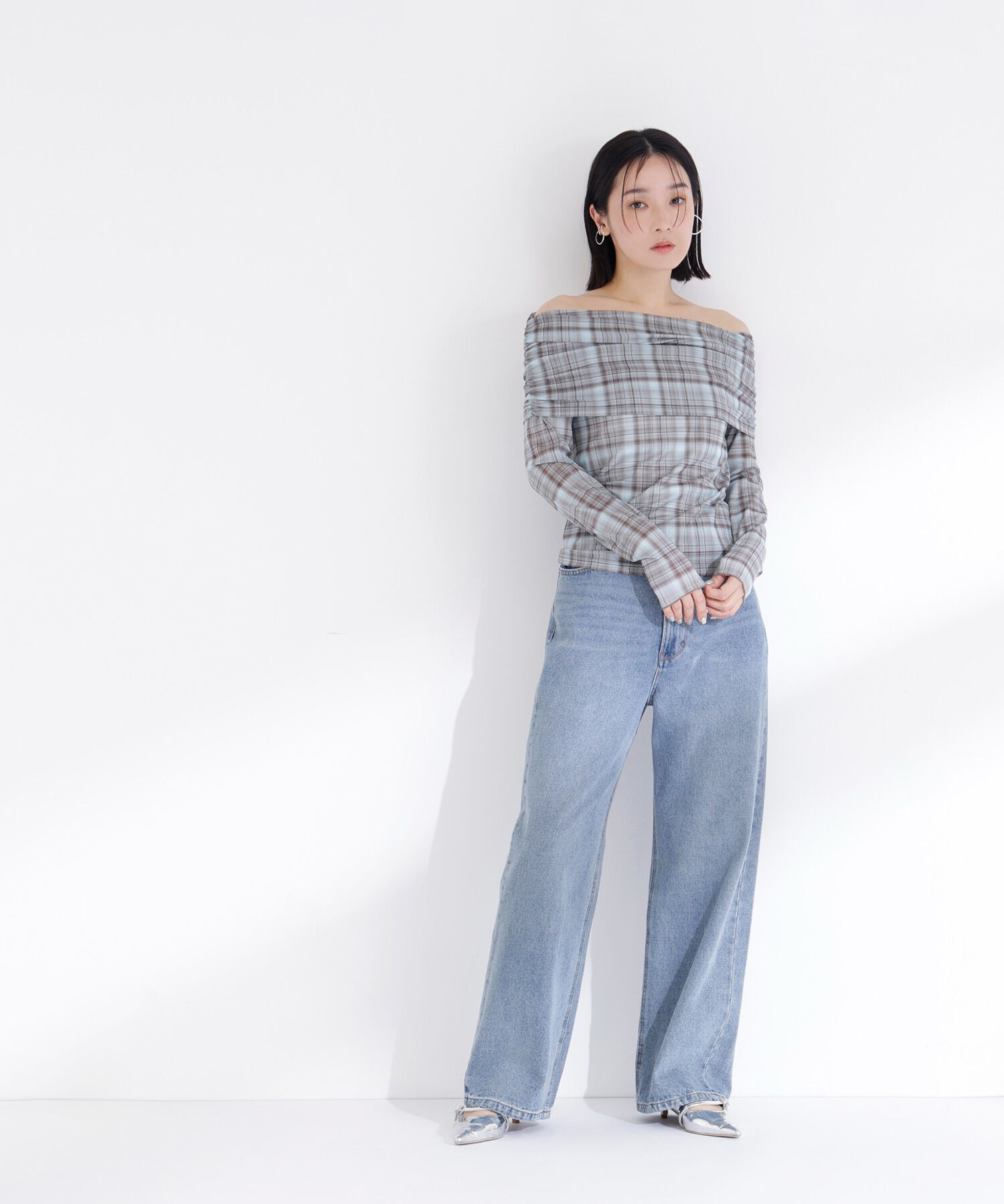  「シアーチェックオフショルトップス」|Tシャツ・カットソー|