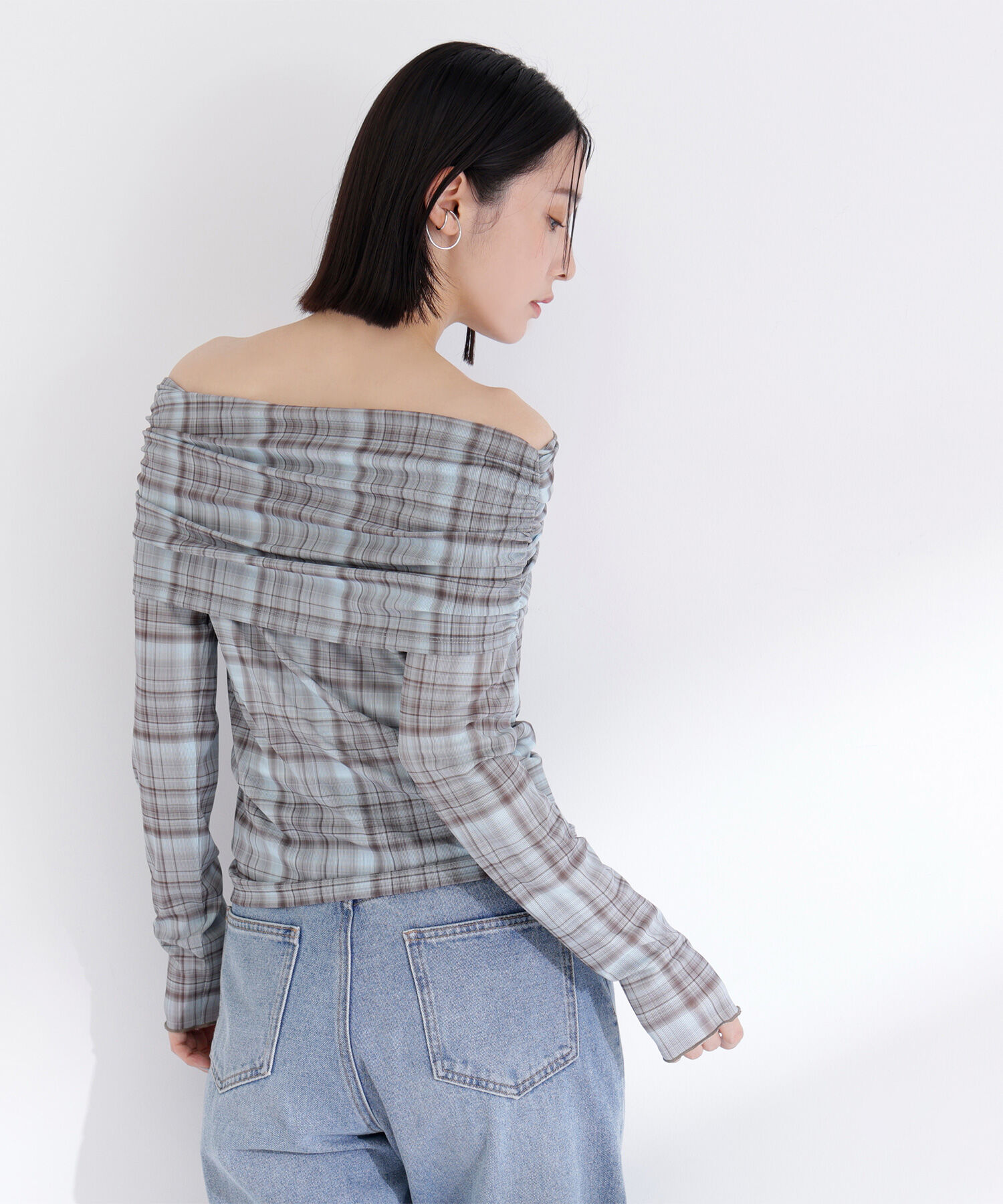  「シアーチェックオフショルトップス」|Tシャツ・カットソー|