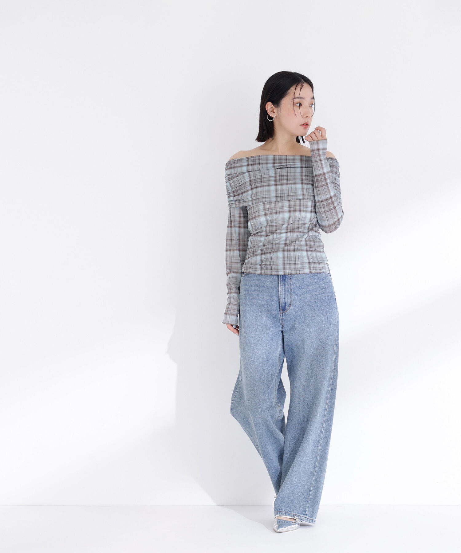  「シアーチェックオフショルトップス」|Tシャツ・カットソー|