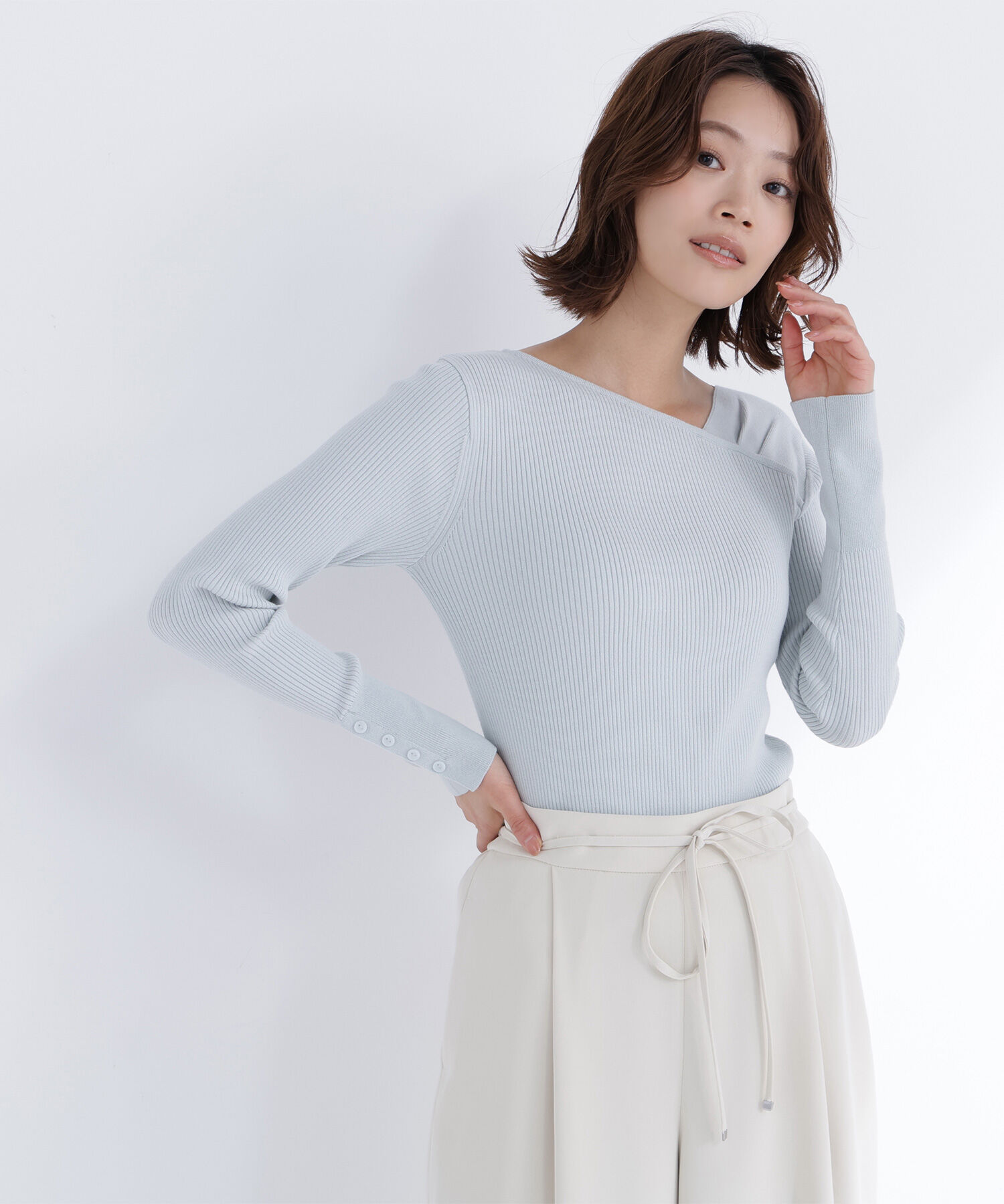  「ショルダータックアシメネックニット」|ニット・セーター|ミントブルー
