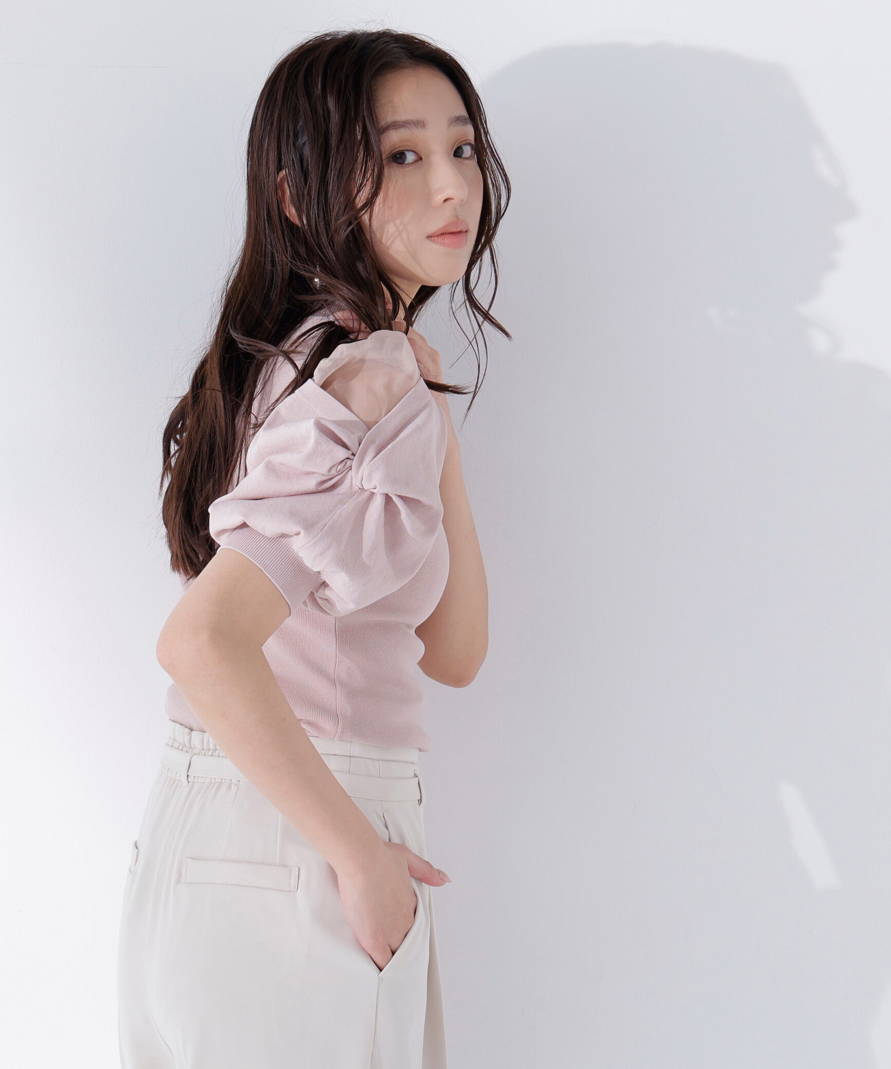  「シアーツイストスリーブニット」|ニット・セーター|ピンク