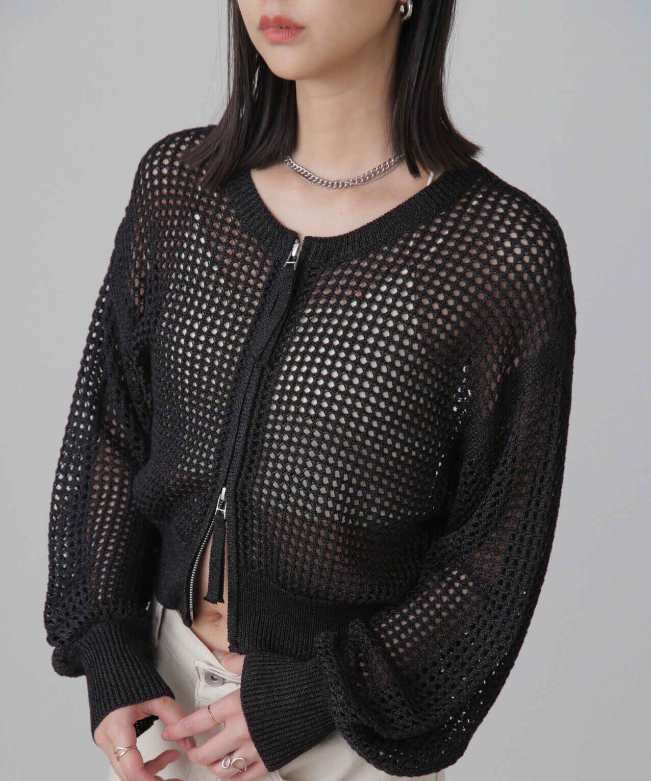  「フロントジップラメメッシュカーディガン」|ニット・セーター|