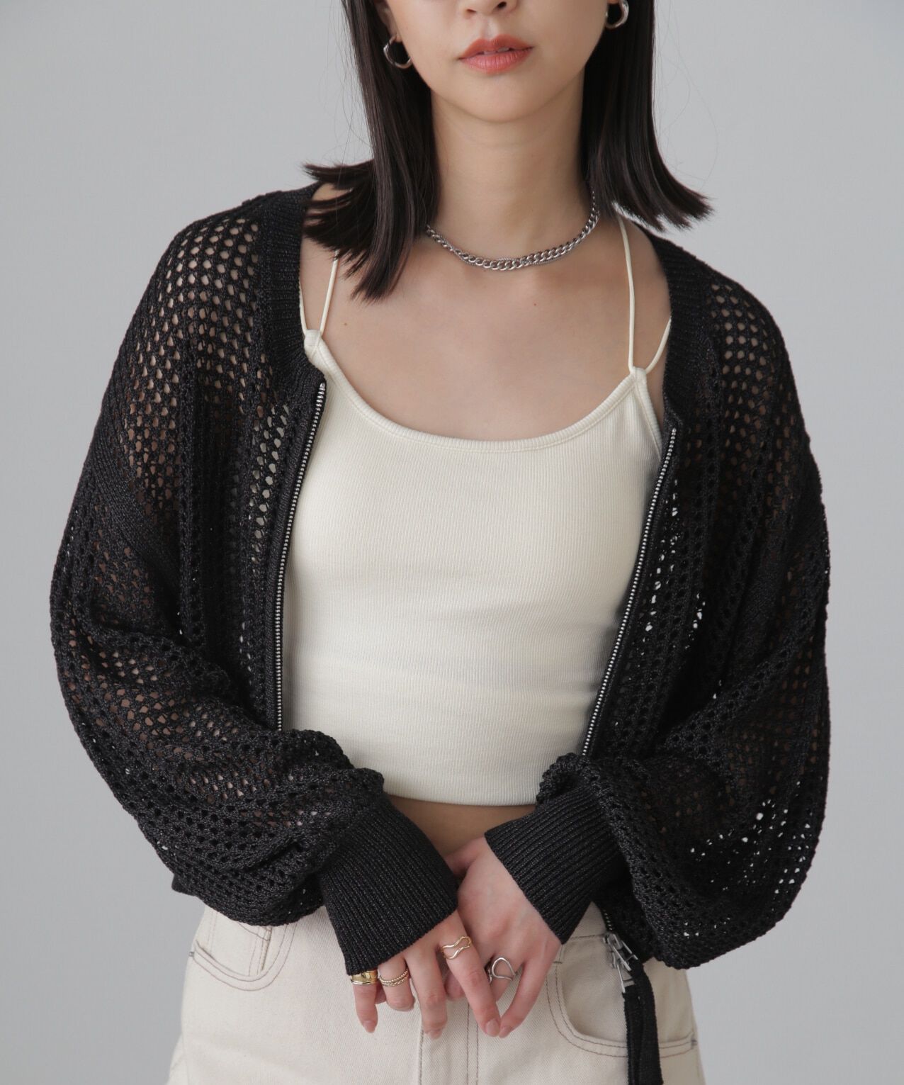 「フロントジップラメメッシュカーディガン」|ニット・セーター|