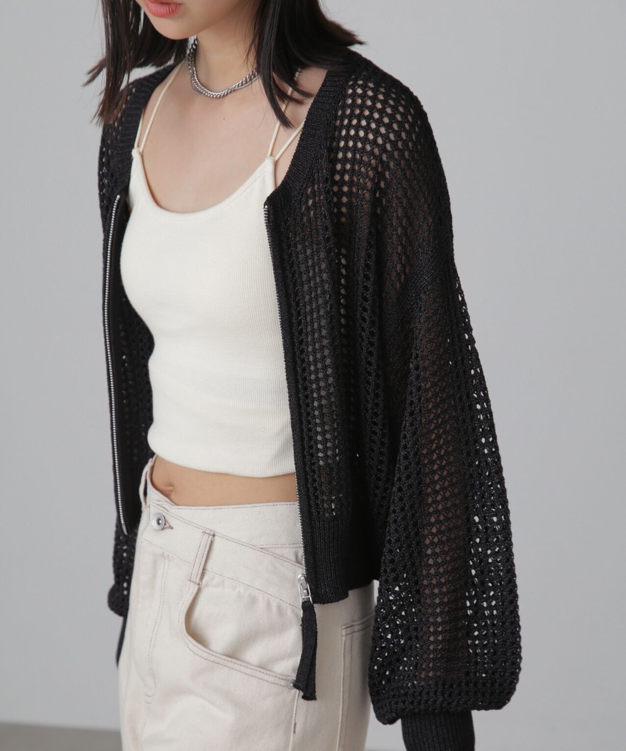  「フロントジップラメメッシュカーディガン」|ニット・セーター|