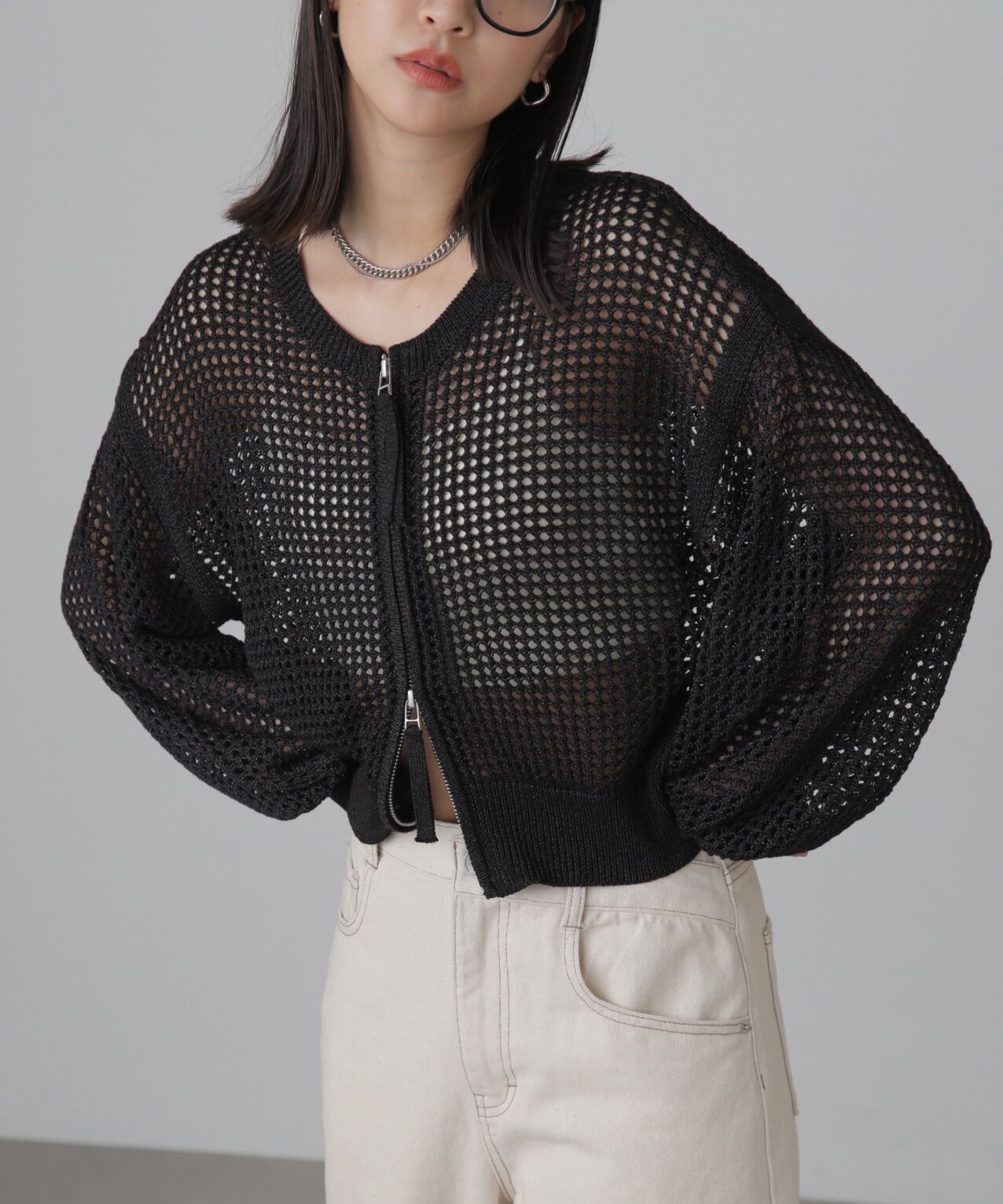  「フロントジップラメメッシュカーディガン」|ニット・セーター|