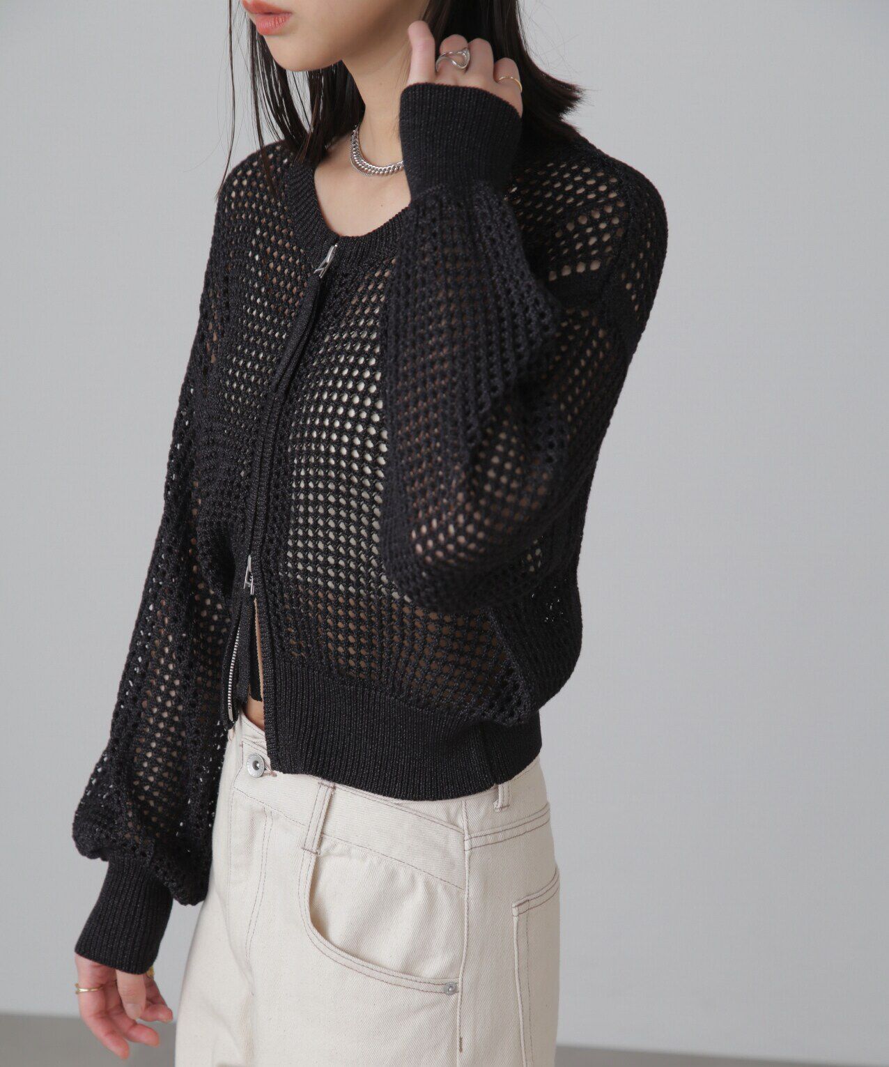  「フロントジップラメメッシュカーディガン」|ニット・セーター|