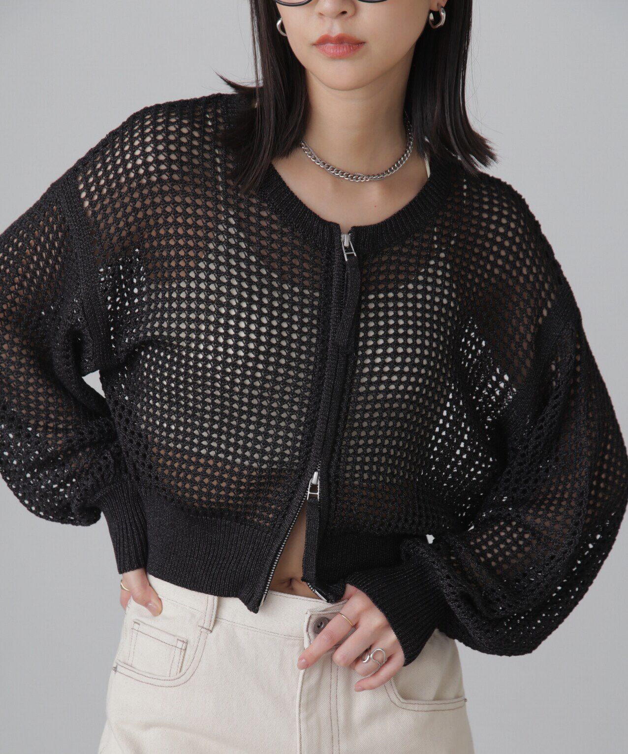  「フロントジップラメメッシュカーディガン」|ニット・セーター|