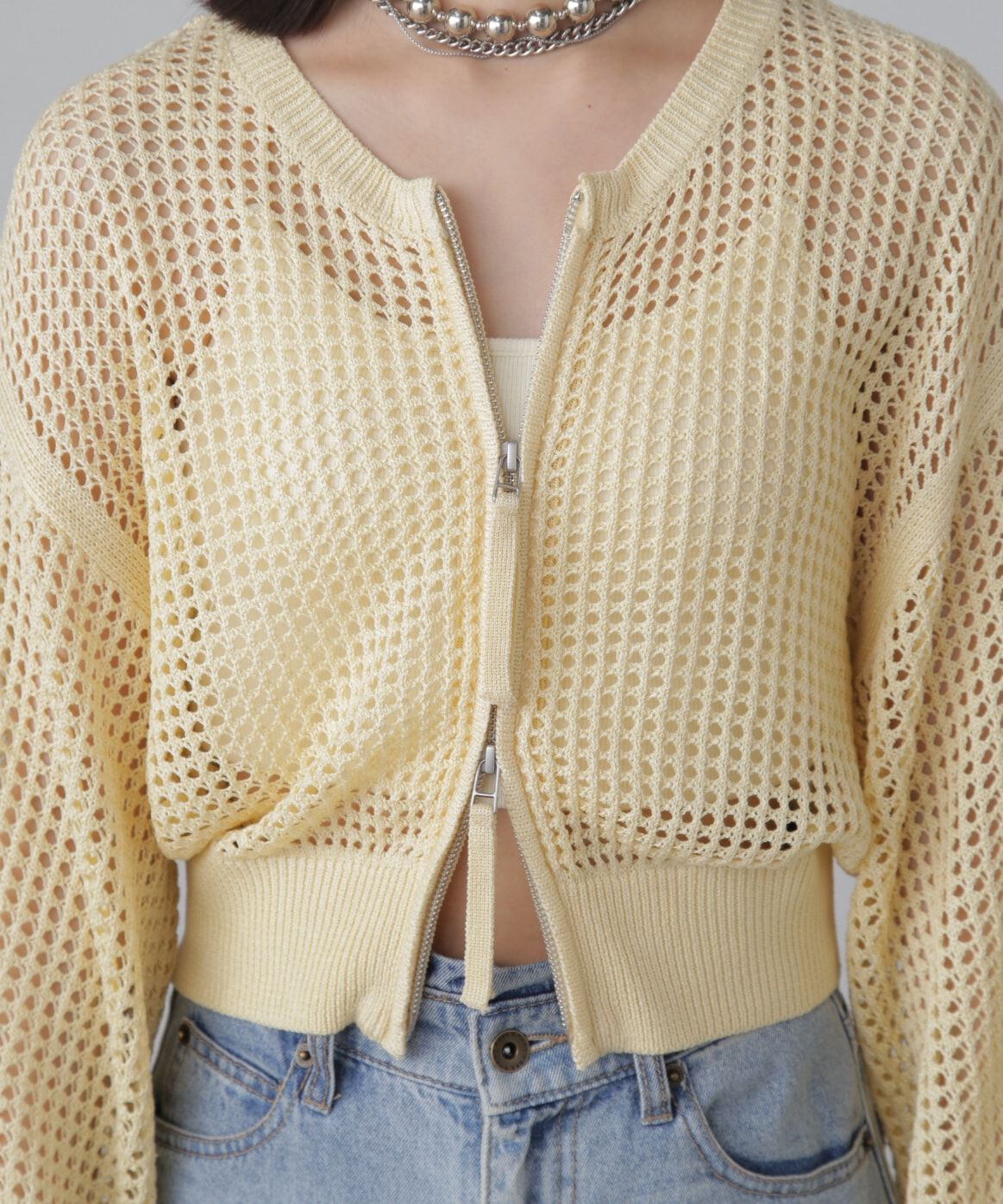  「フロントジップラメメッシュカーディガン」|ニット・セーター|