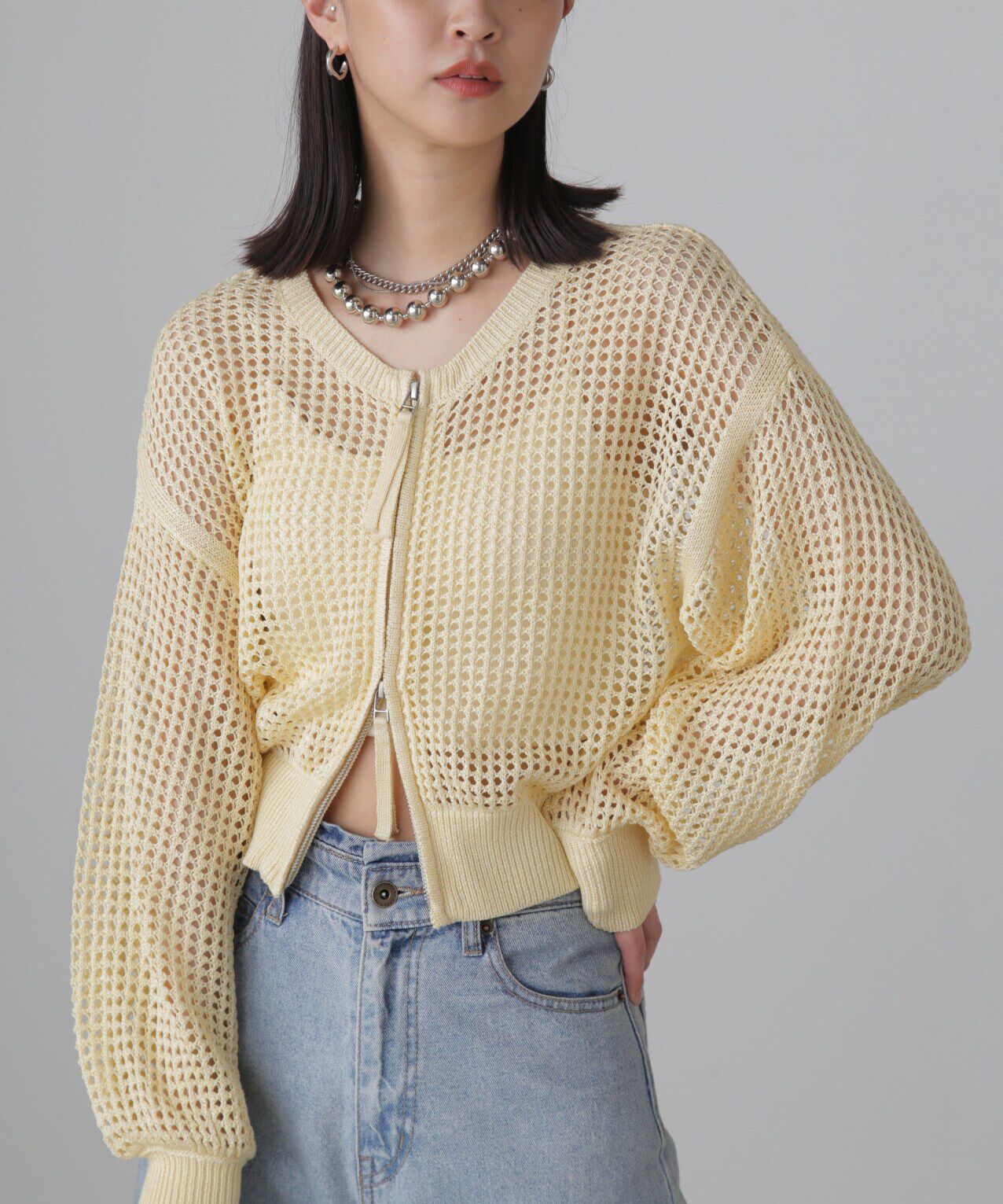  「フロントジップラメメッシュカーディガン」|ニット・セーター|