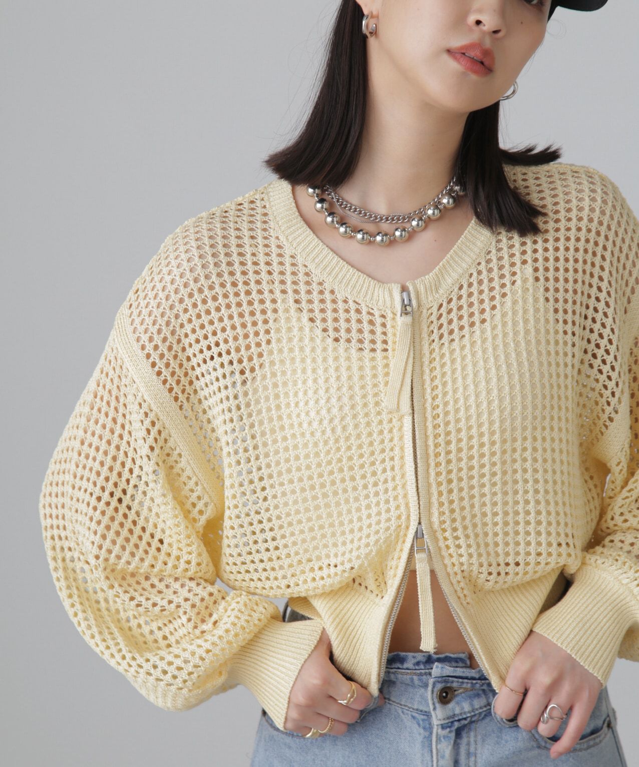  「フロントジップラメメッシュカーディガン」|ニット・セーター|