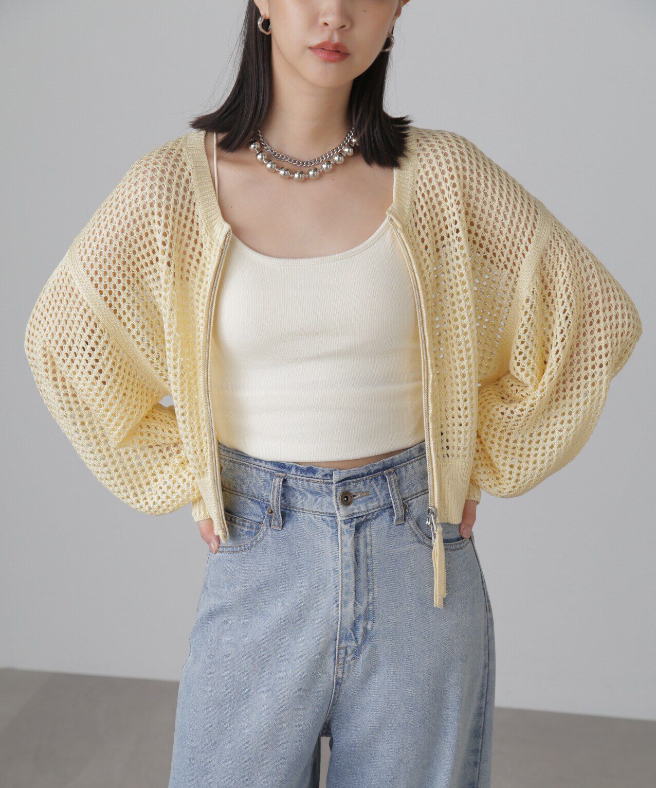 「フロントジップラメメッシュカーディガン」|ニット・セーター|