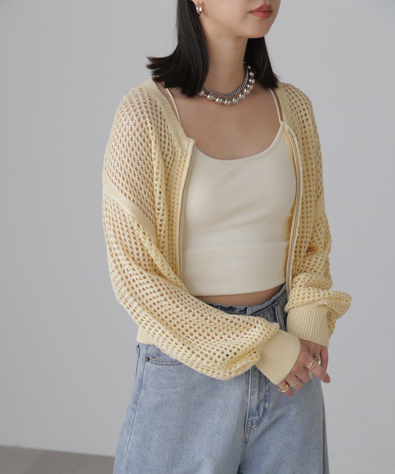  「フロントジップラメメッシュカーディガン」|ニット・セーター|