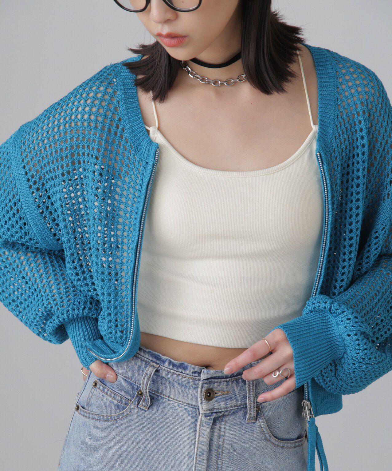  「フロントジップラメメッシュカーディガン」|ニット・セーター|ブルー