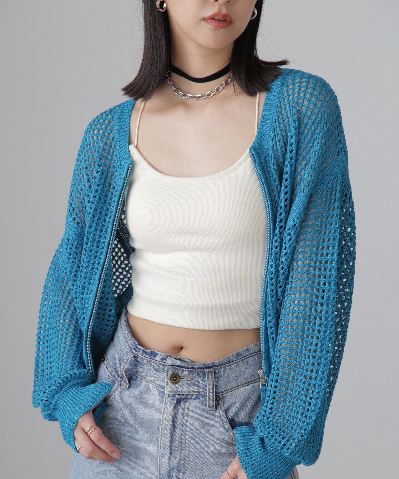  「フロントジップラメメッシュカーディガン」|ニット・セーター|