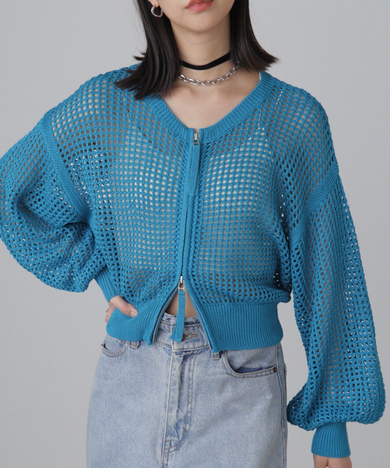  「フロントジップラメメッシュカーディガン」|ニット・セーター|