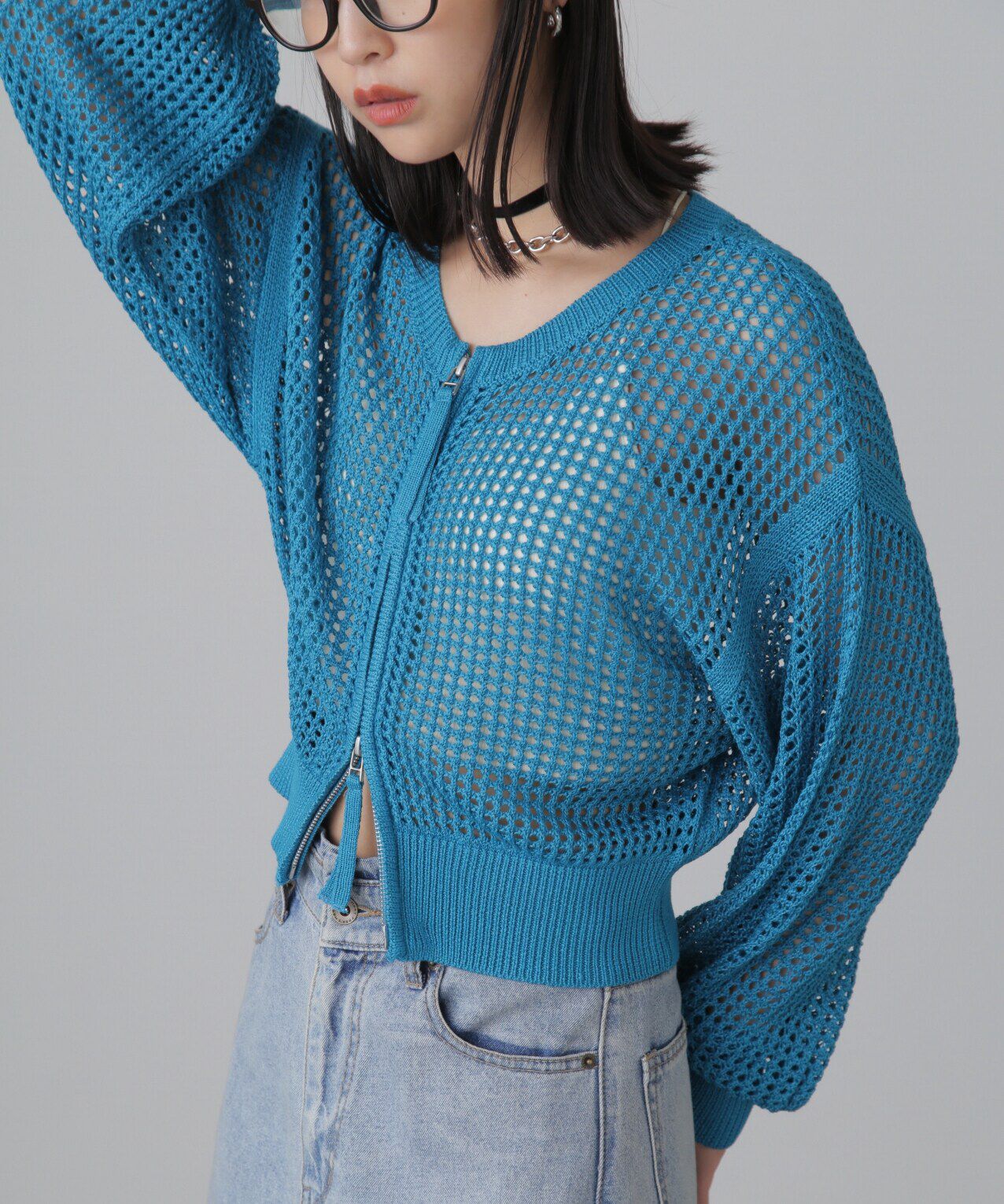  「フロントジップラメメッシュカーディガン」|ニット・セーター|