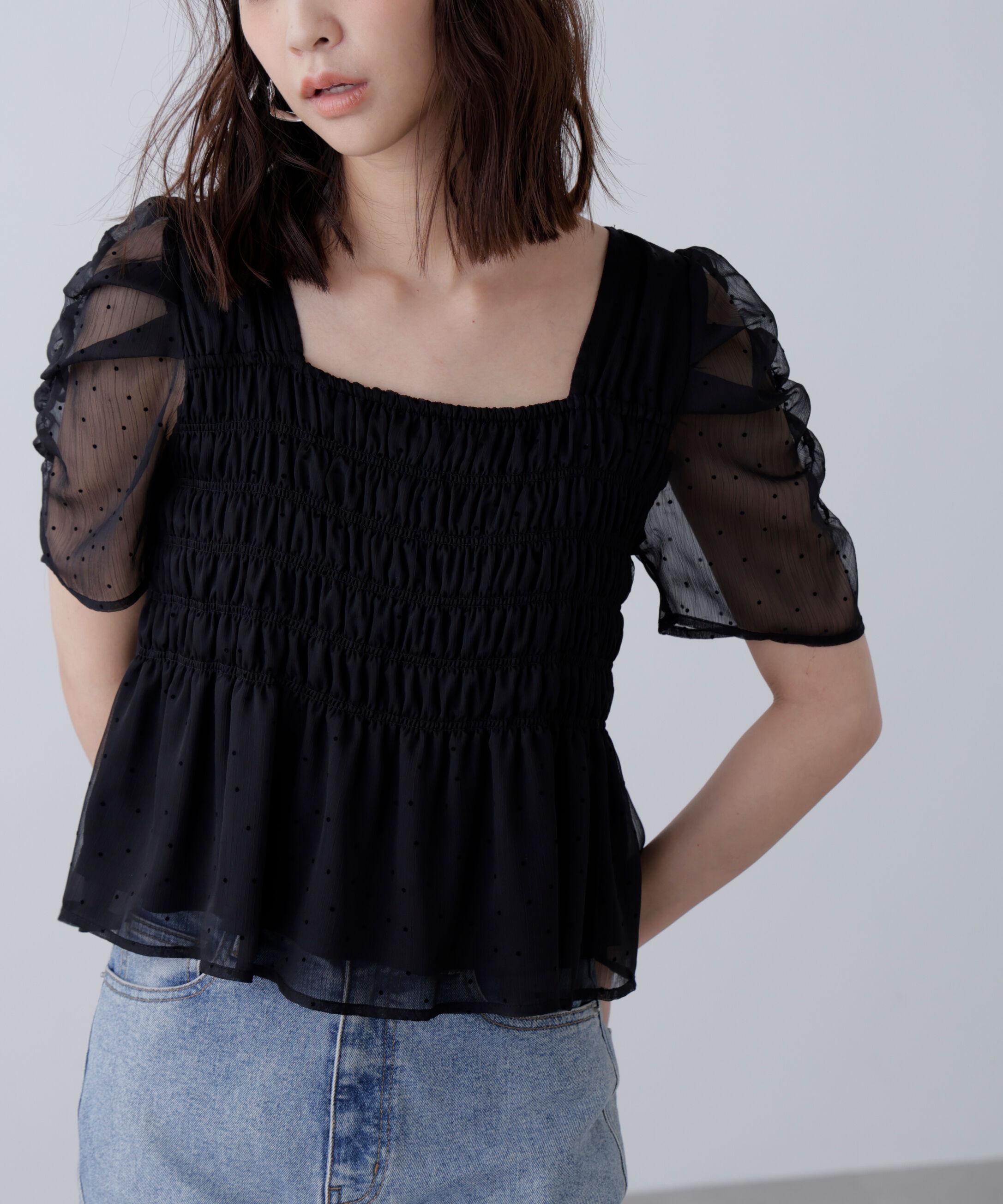  「フロッキードットシャーリングペプラムブラウス」|シャツ・ブラウス|