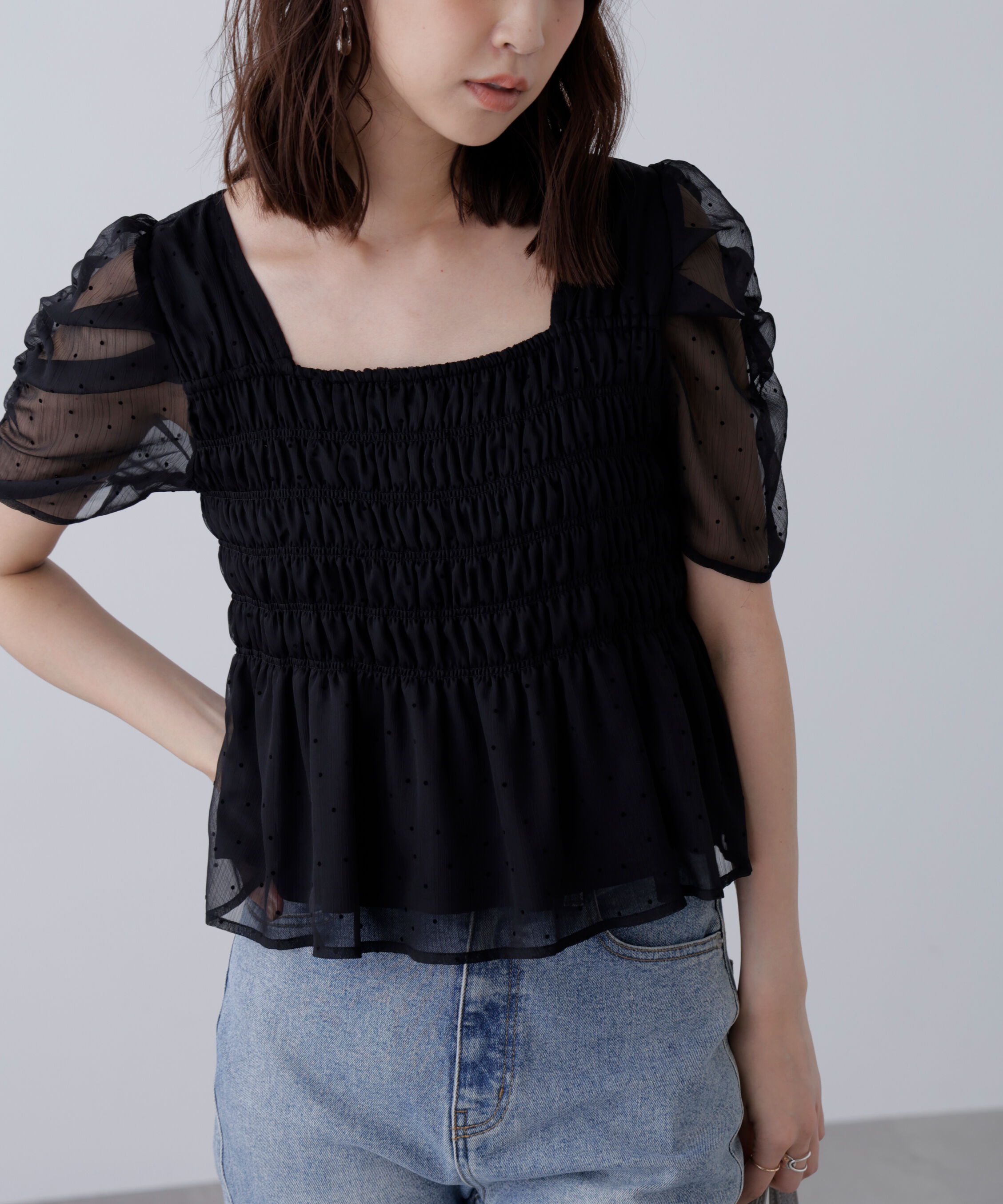  「フロッキードットシャーリングペプラムブラウス」|シャツ・ブラウス|