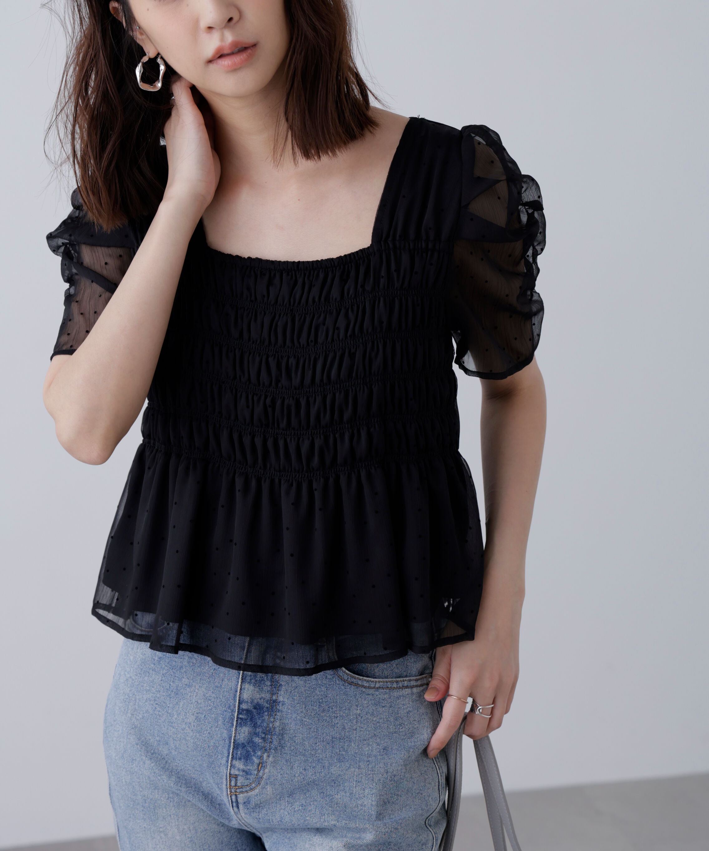  「フロッキードットシャーリングペプラムブラウス」|シャツ・ブラウス|