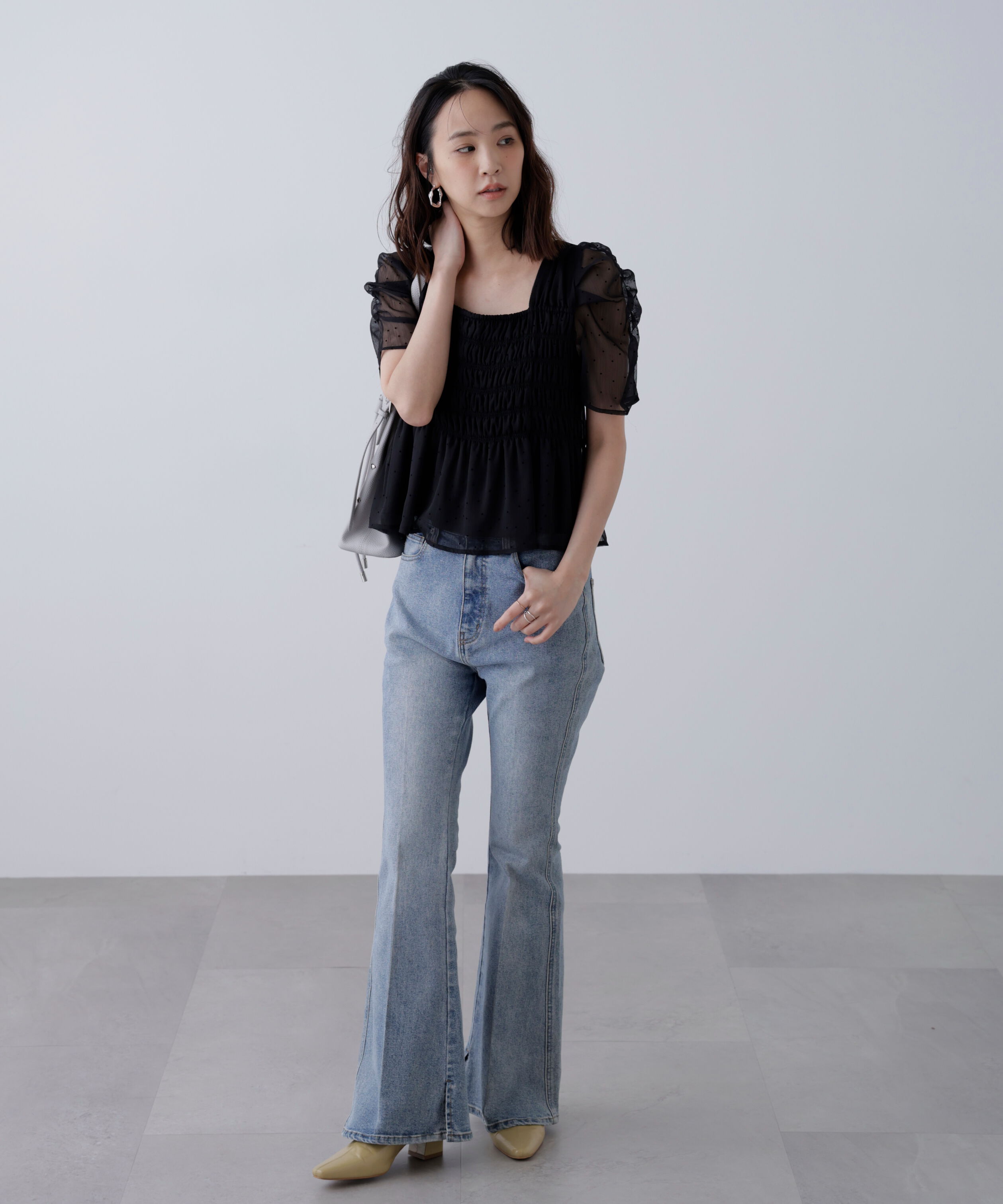  「フロッキードットシャーリングペプラムブラウス」|シャツ・ブラウス|