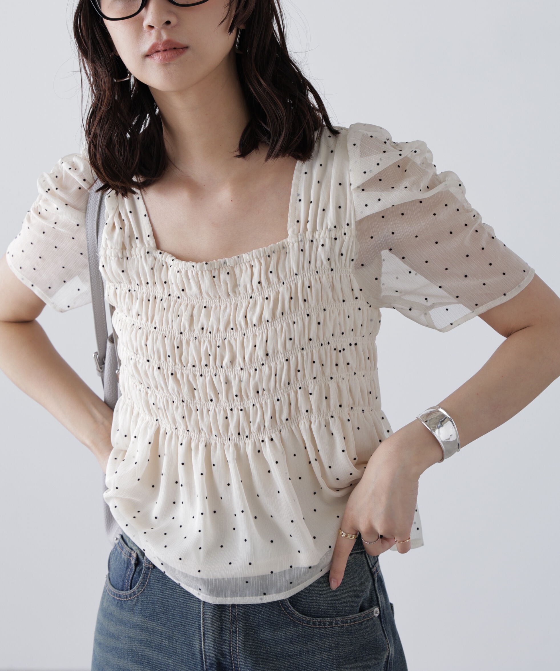  「フロッキードットシャーリングペプラムブラウス」|シャツ・ブラウス|