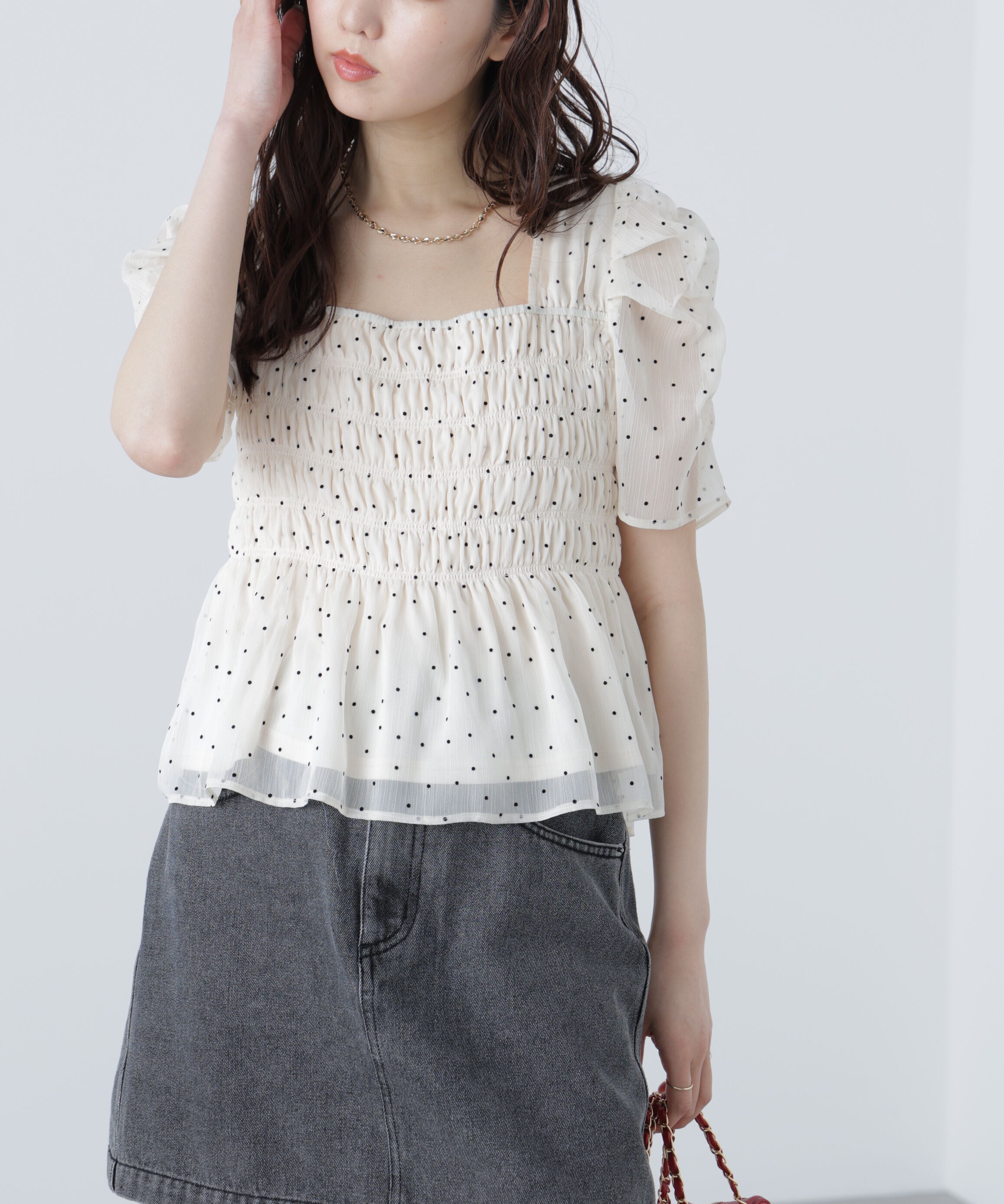  「フロッキードットシャーリングペプラムブラウス」|シャツ・ブラウス|