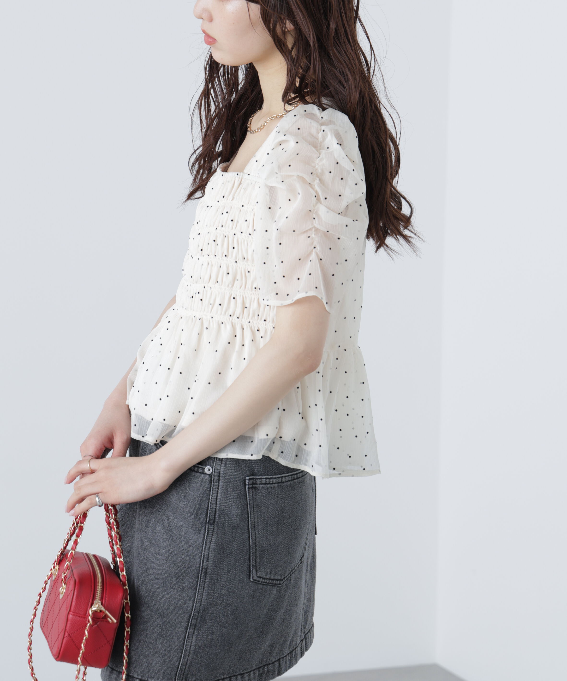  「フロッキードットシャーリングペプラムブラウス」|シャツ・ブラウス|