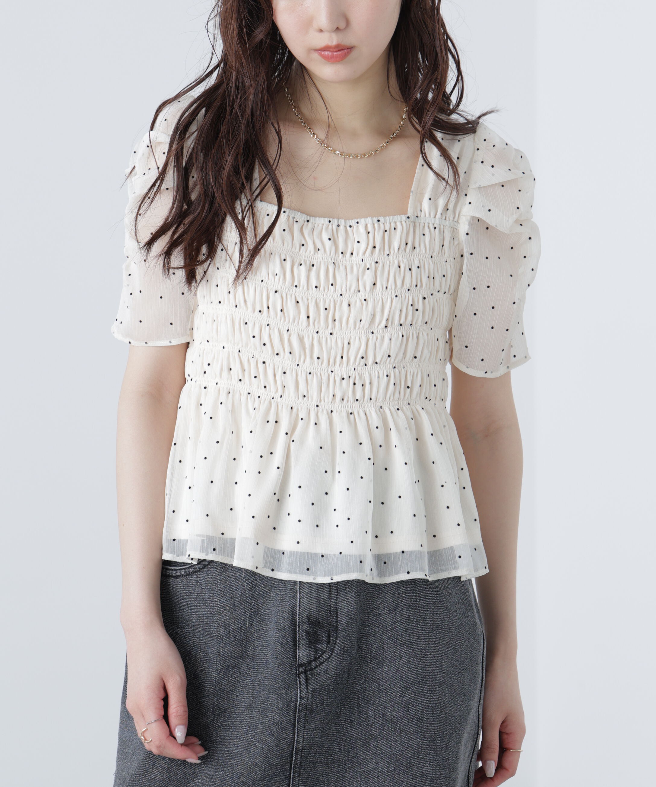  「フロッキードットシャーリングペプラムブラウス」|シャツ・ブラウス|