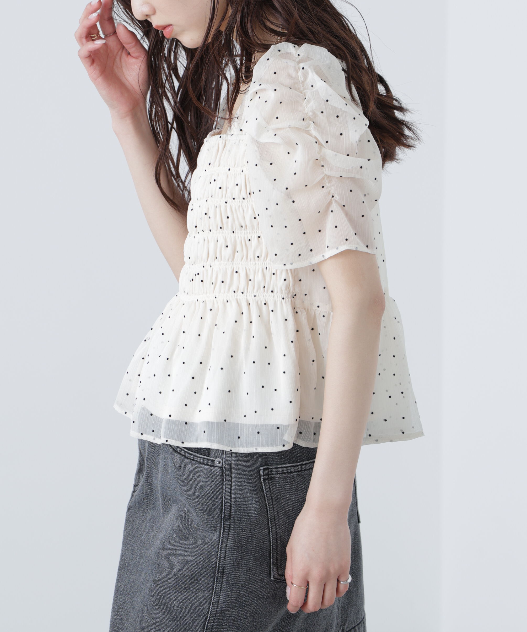  「フロッキードットシャーリングペプラムブラウス」|シャツ・ブラウス|